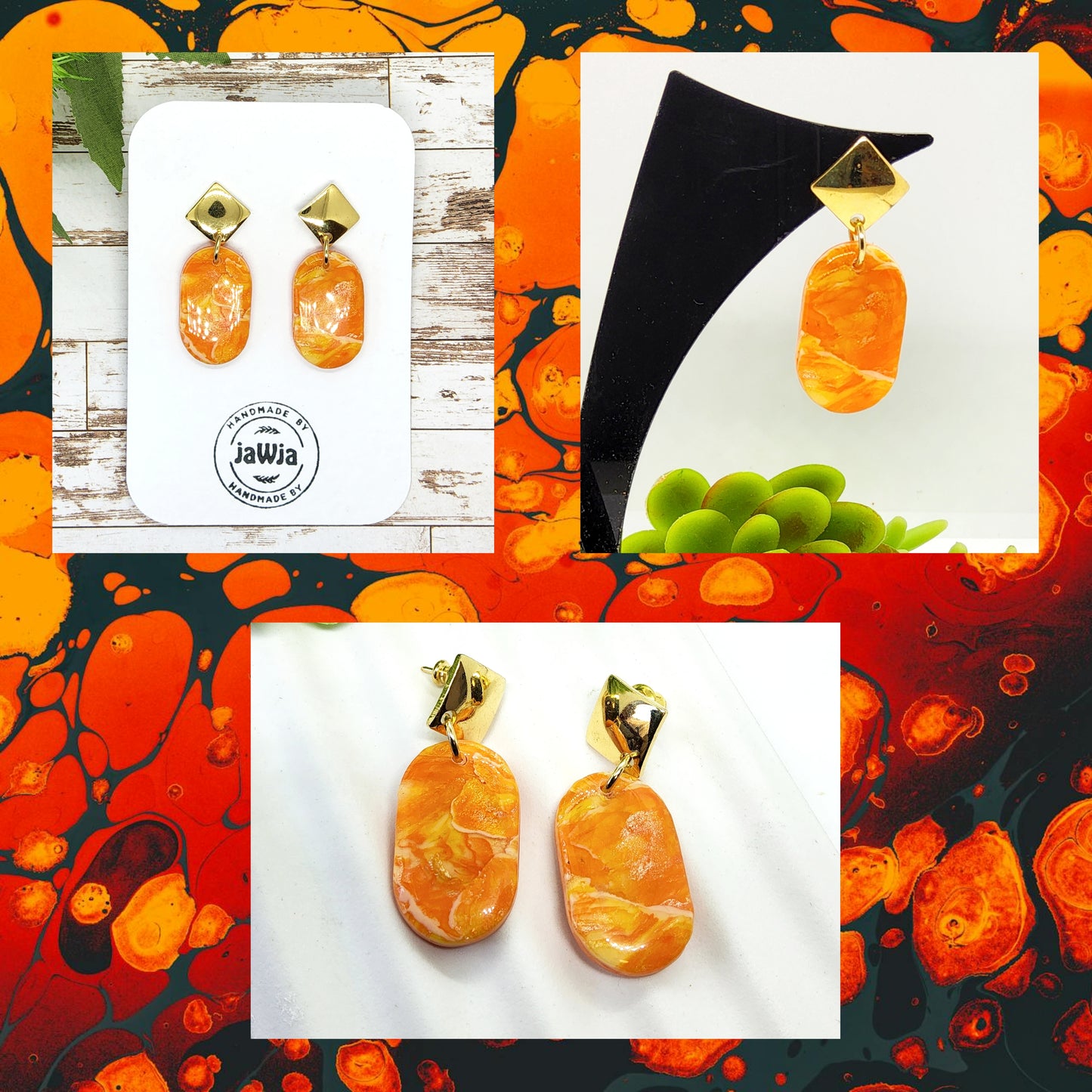 ORANGE MARBLED POLYMER CLAY EARRINGS