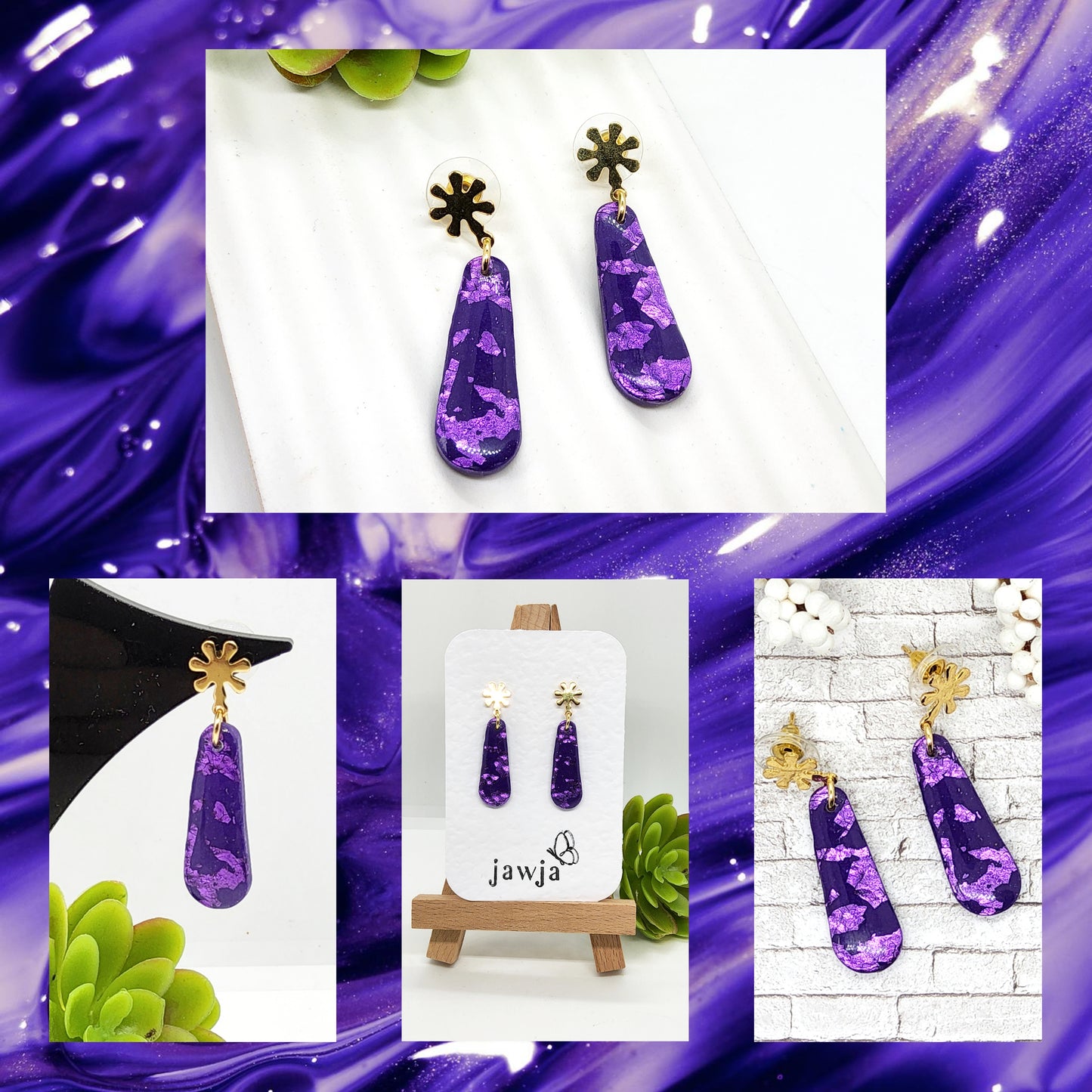 PURPLE AND GOLD POLYMER CLAY EARRINGS