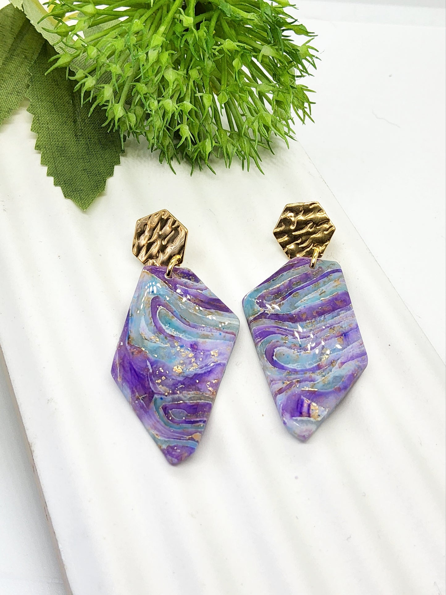 ABSTRACT MARBLED EFFECT IN LAVENDER, LILAC AND AQUA POLYMER CLAY EARRINGS