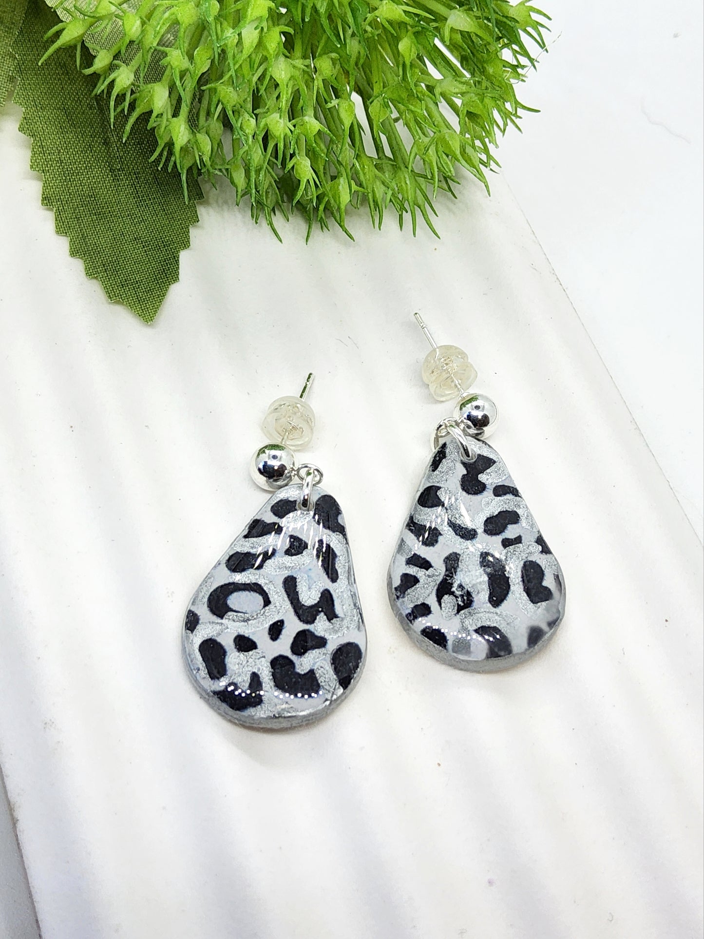 ANIMAL PRINT SILVER, BLACK AND GREY POLYMER CLAY EARRINGS