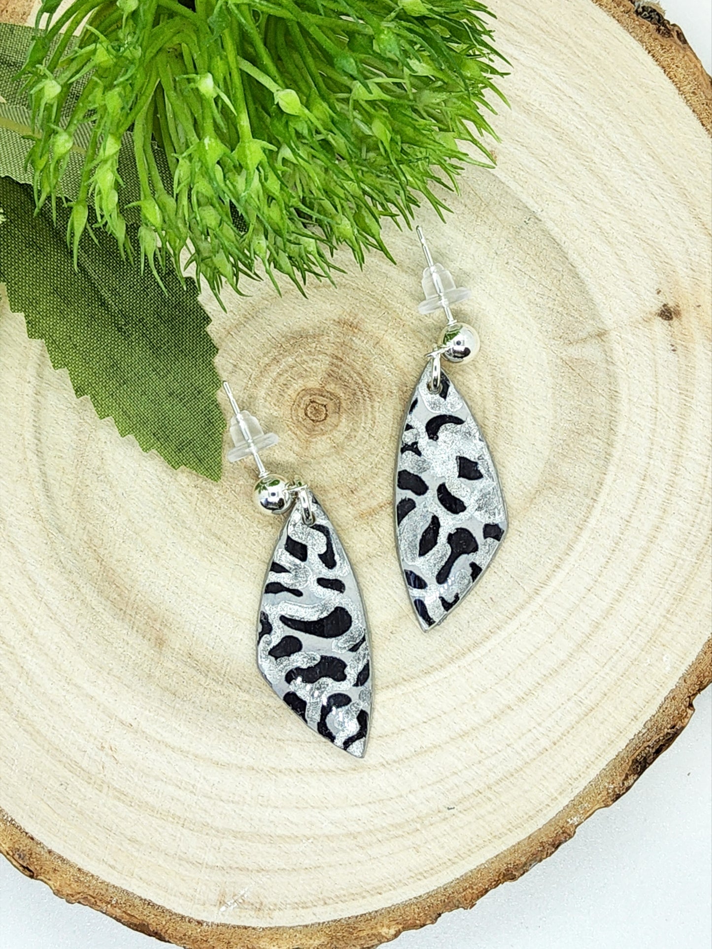 BLACK, GREY AND SILVER ANIMAL PRINT EARRINGS