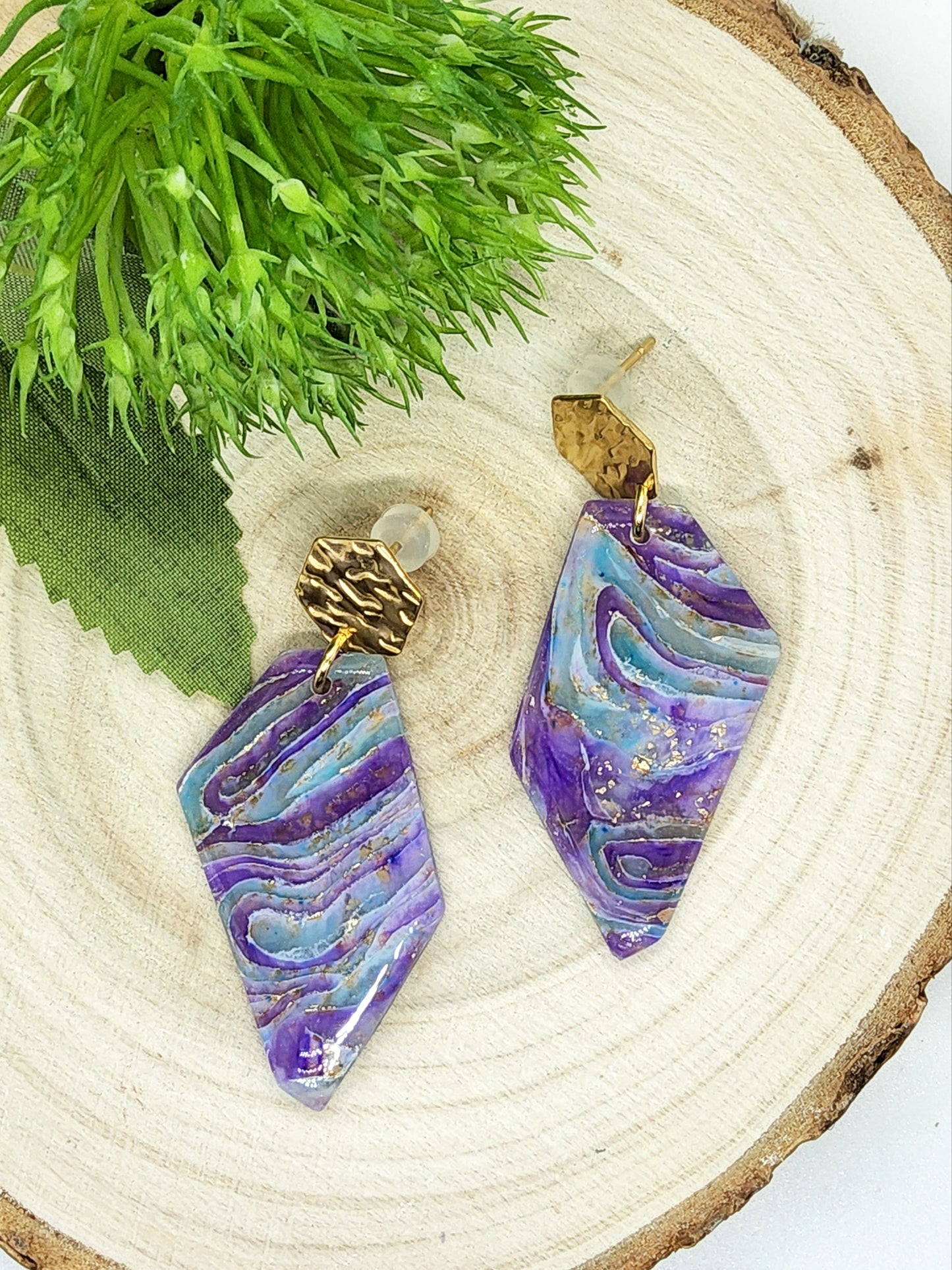 ABSTRACT MARBLED EFFECT IN LAVENDER, LILAC AND AQUA POLYMER CLAY EARRINGS