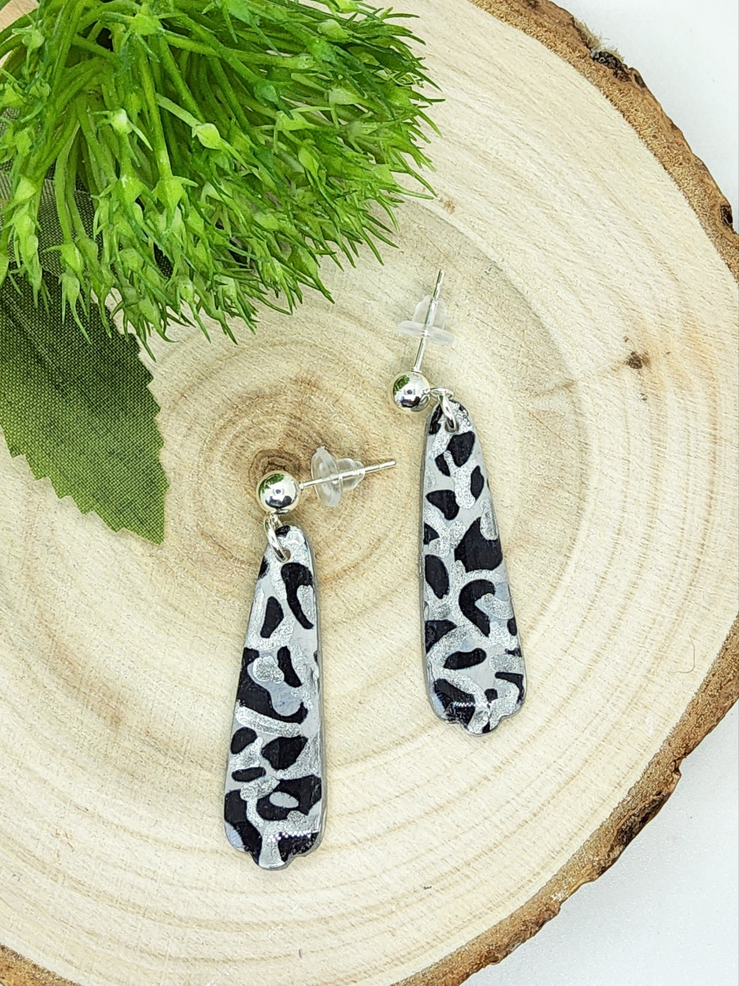 BLACK, GREY AND SILVER ANIMAL PRINT POLYMER CLAY EARRINGS