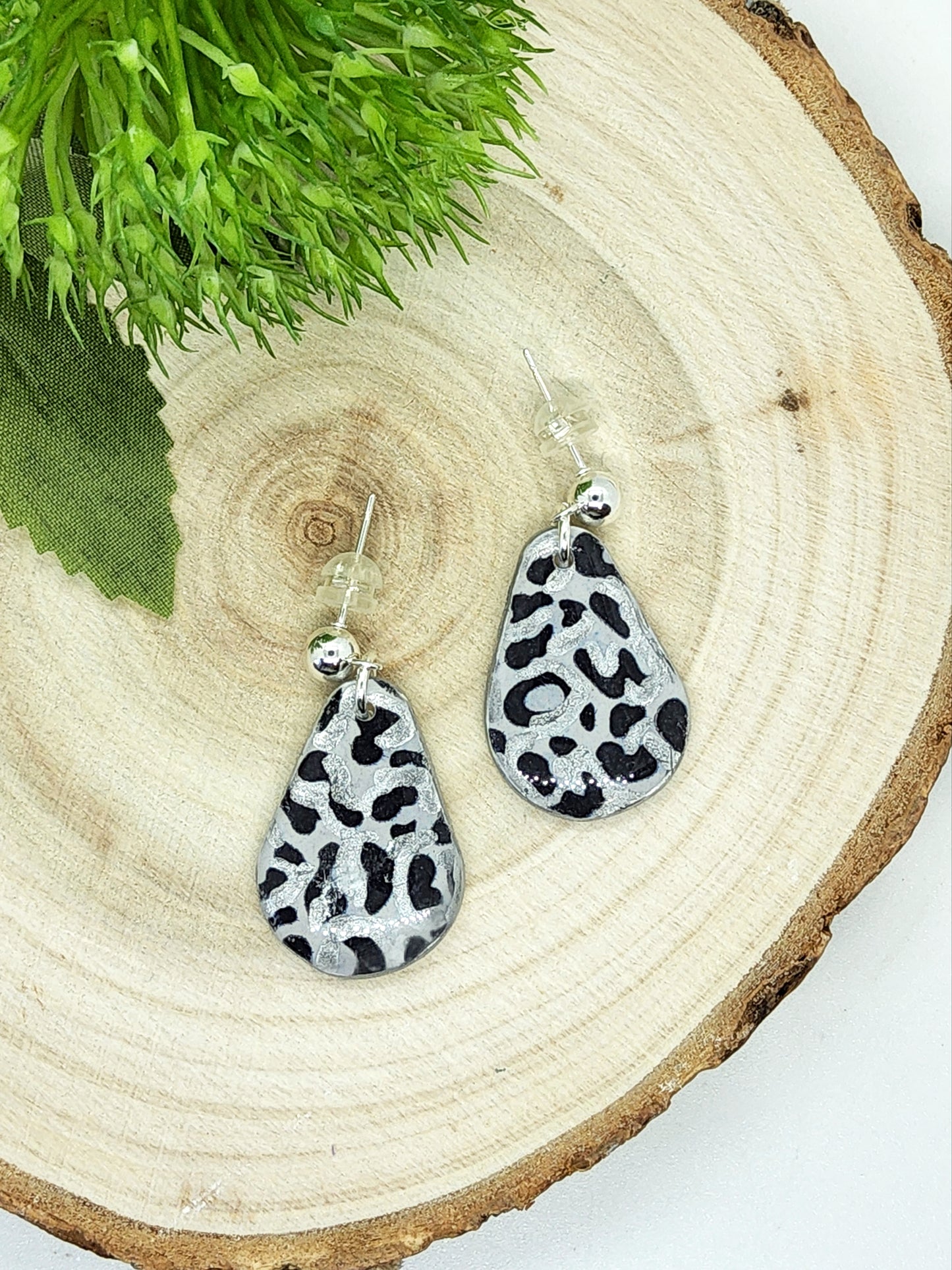 ANIMAL PRINT SILVER, BLACK AND GREY POLYMER CLAY EARRINGS