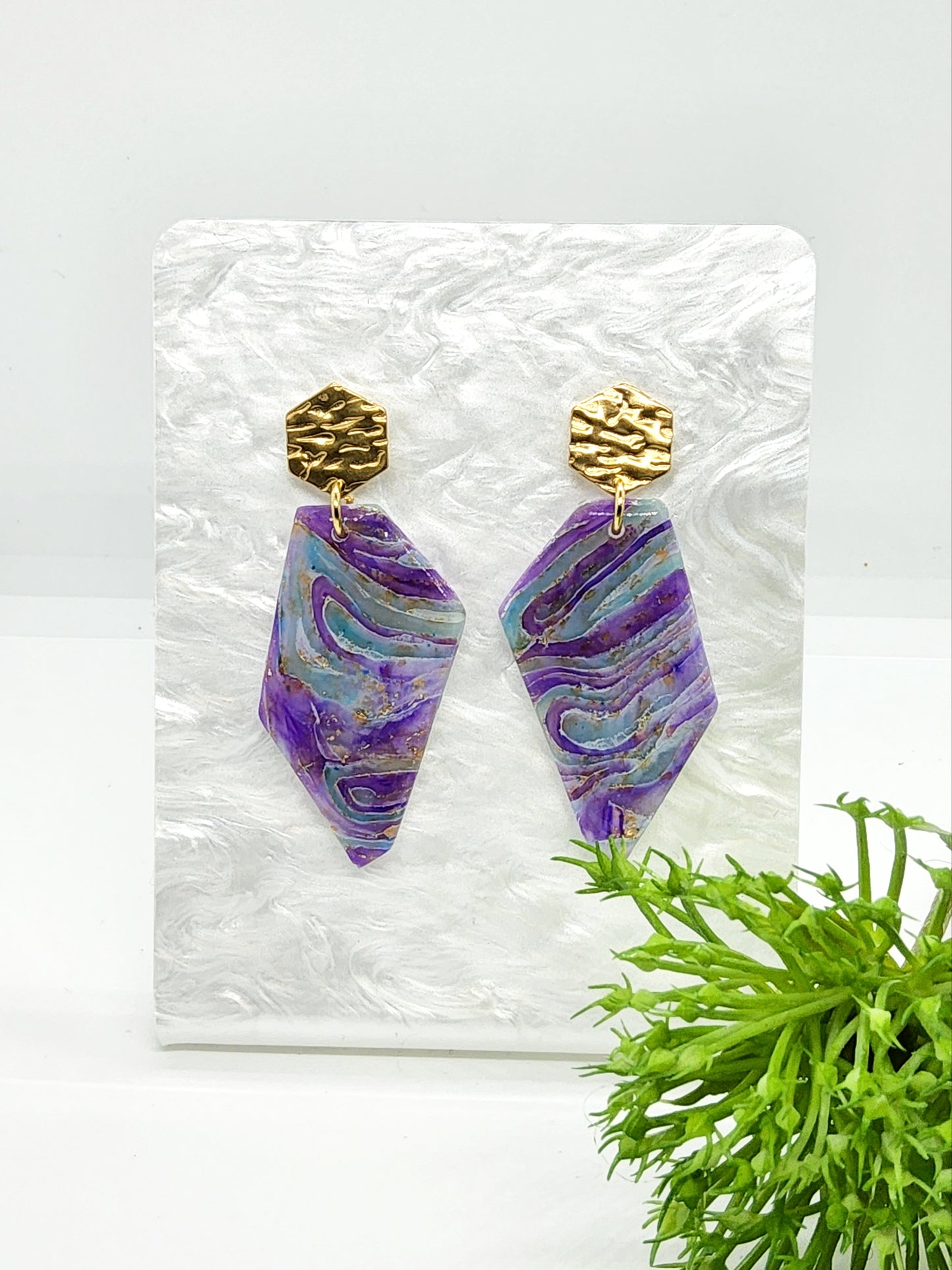 ABSTRACT MARBLED EFFECT IN LAVENDER, LILAC AND AQUA POLYMER CLAY EARRINGS