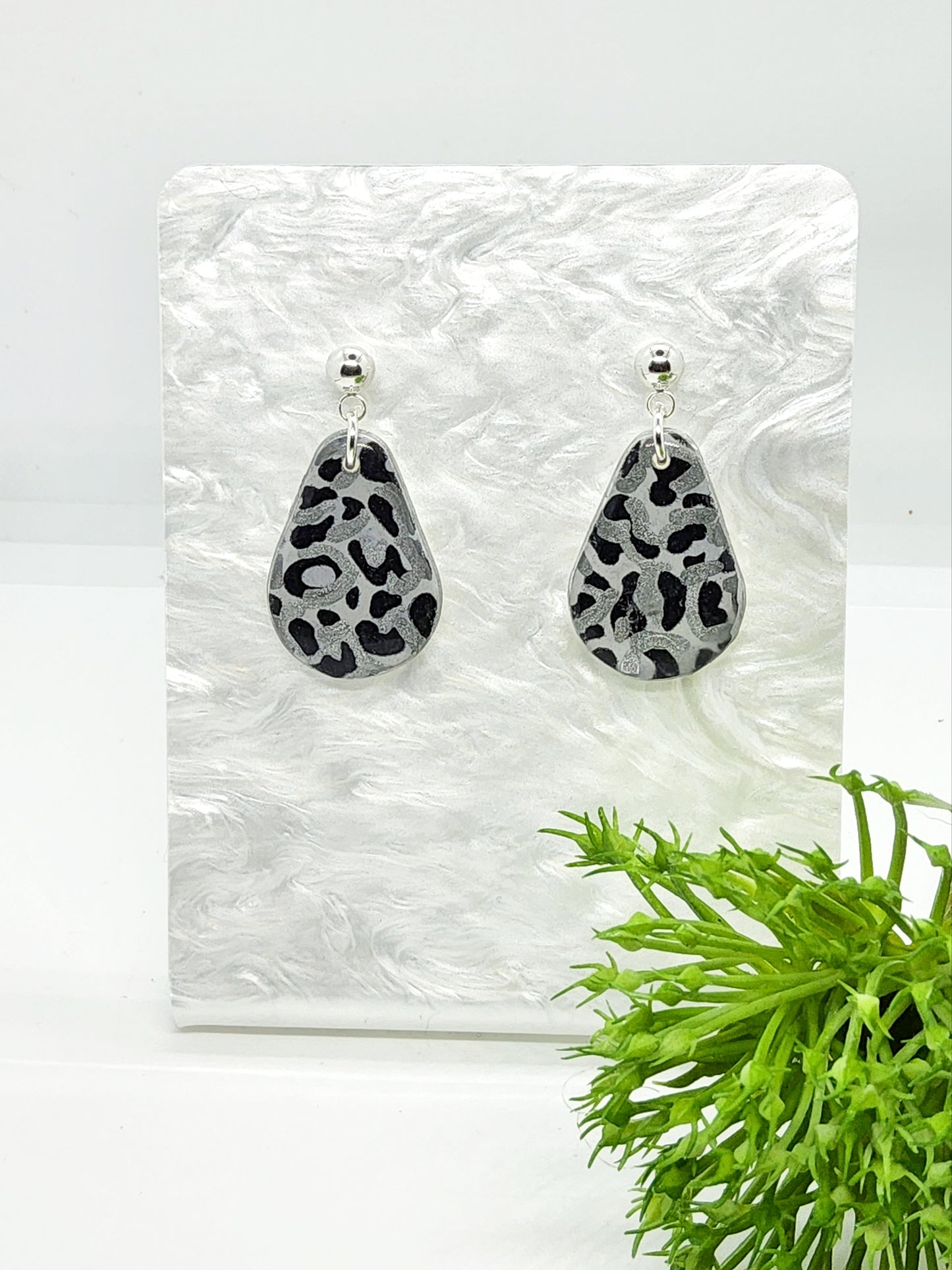 ANIMAL PRINT SILVER, BLACK AND GREY POLYMER CLAY EARRINGS