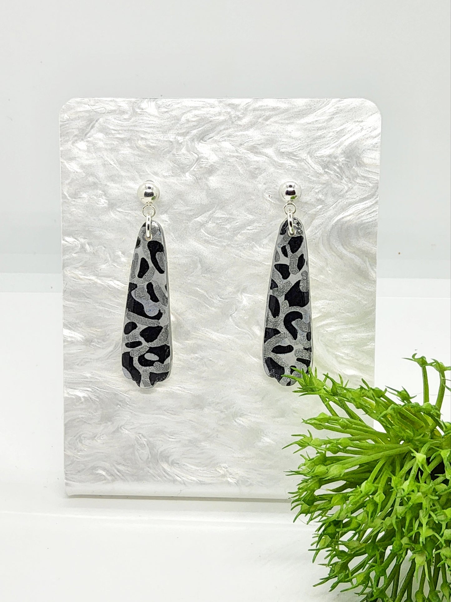 BLACK, GREY AND SILVER ANIMAL PRINT POLYMER CLAY EARRINGS