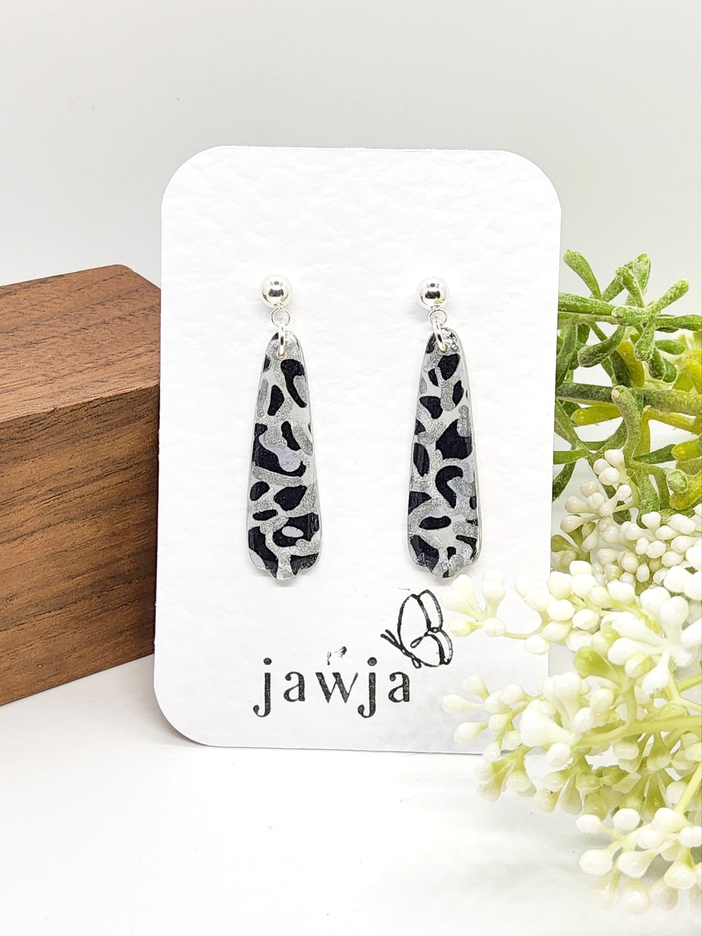 BLACK, GREY AND SILVER ANIMAL PRINT POLYMER CLAY EARRINGS