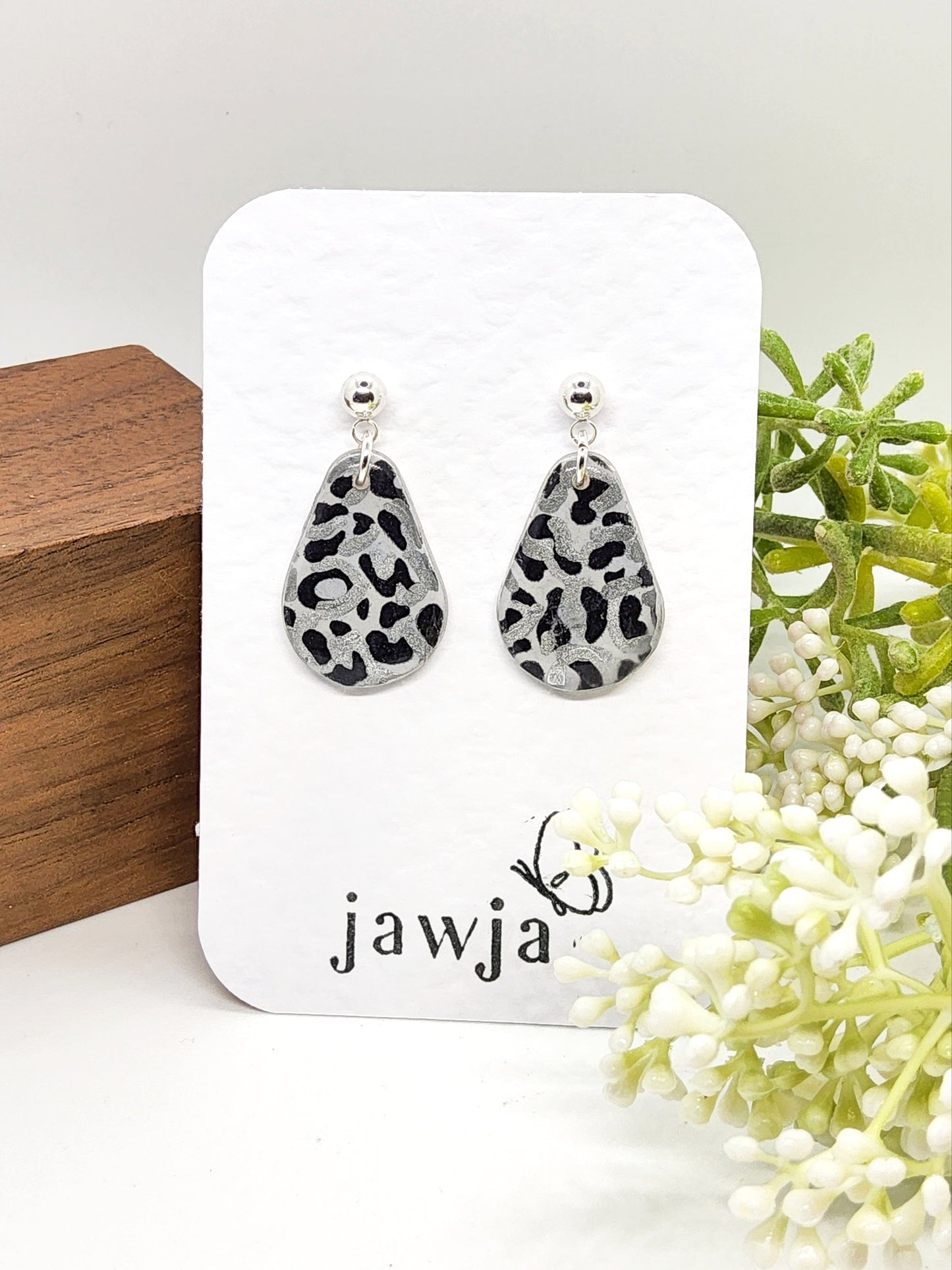 ANIMAL PRINT SILVER, BLACK AND GREY POLYMER CLAY EARRINGS