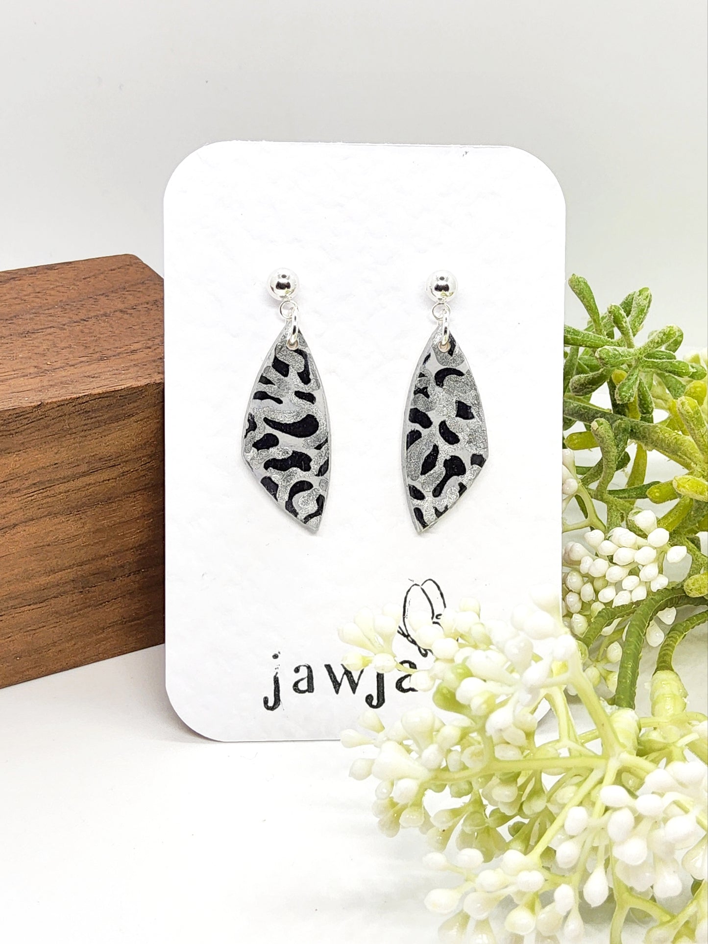 BLACK, GREY AND SILVER ANIMAL PRINT EARRINGS