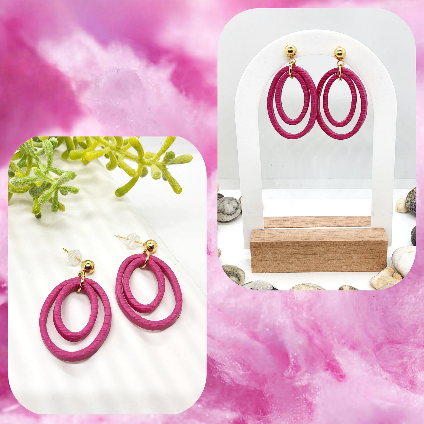 FUSCHIA SKINNY OVAL RING POLYMER CLAY EARRINGS