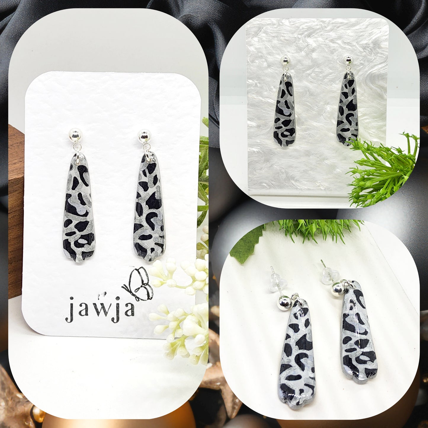 BLACK, GREY AND SILVER ANIMAL PRINT POLYMER CLAY EARRINGS