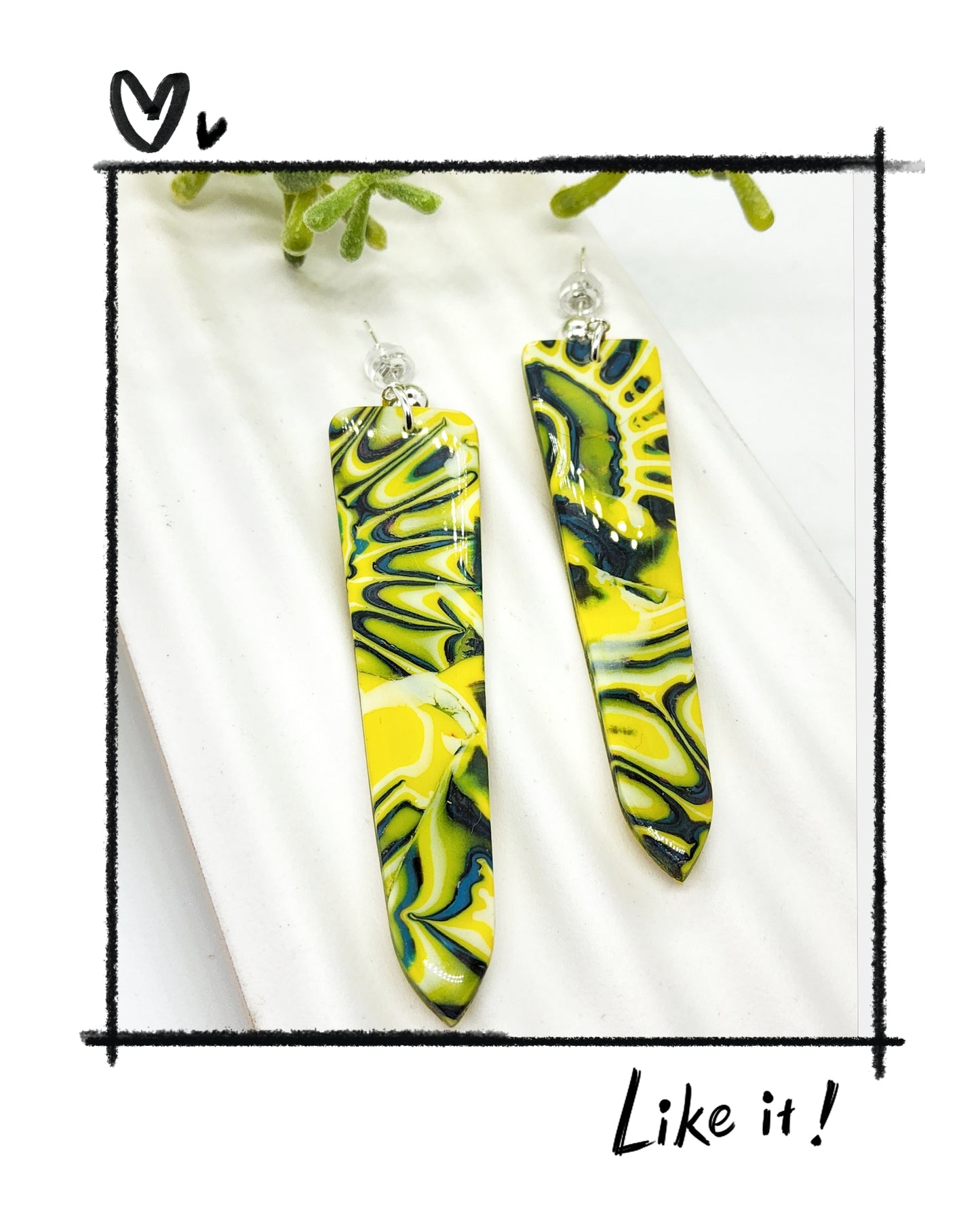 TIE DYE EFFECT IN YELLOW AND NAVY POLYMER CLAY EARRINGS