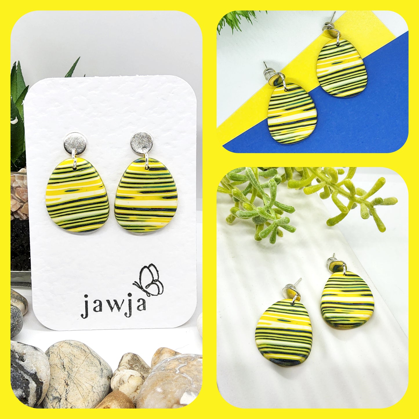 BRIGHT YELLOW AND NAVY STRIPED POLYMER CLAY EARRINGS