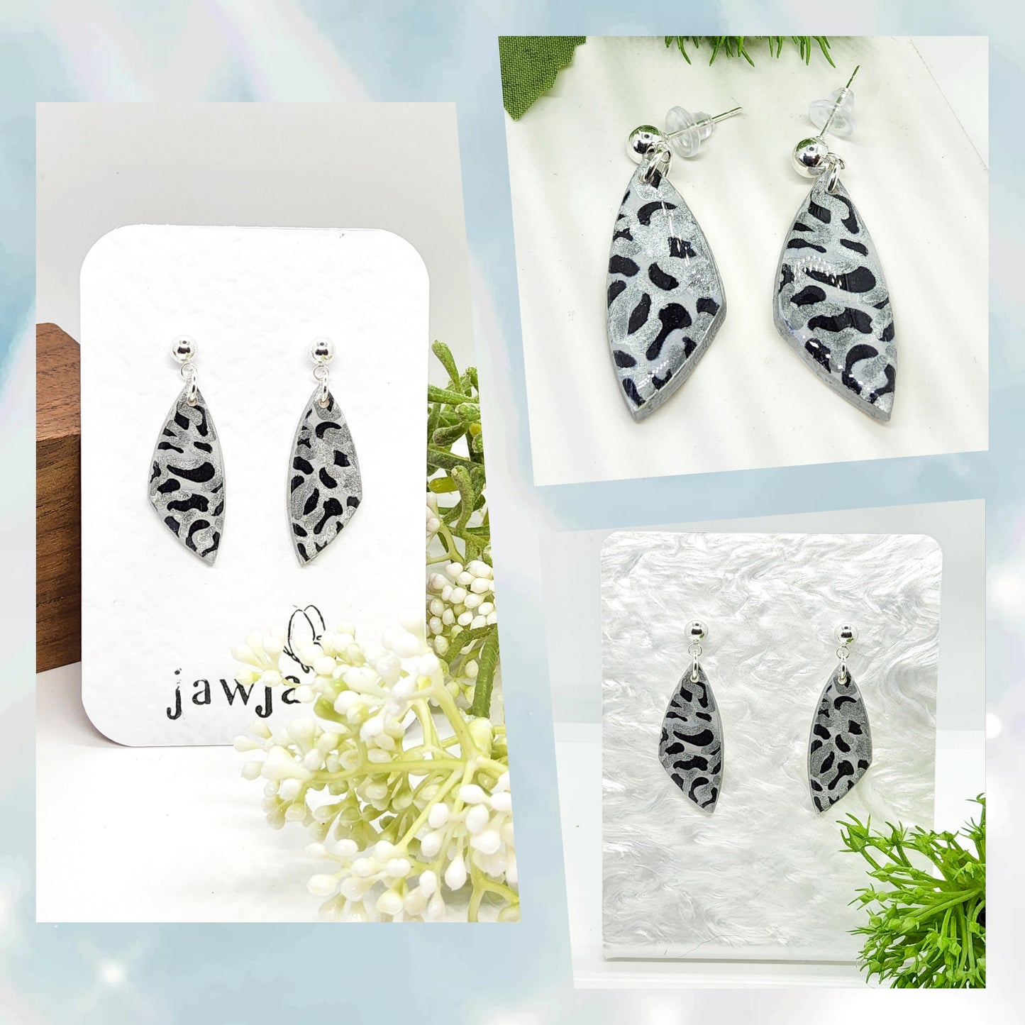 BLACK, GREY AND SILVER ANIMAL PRINT EARRINGS