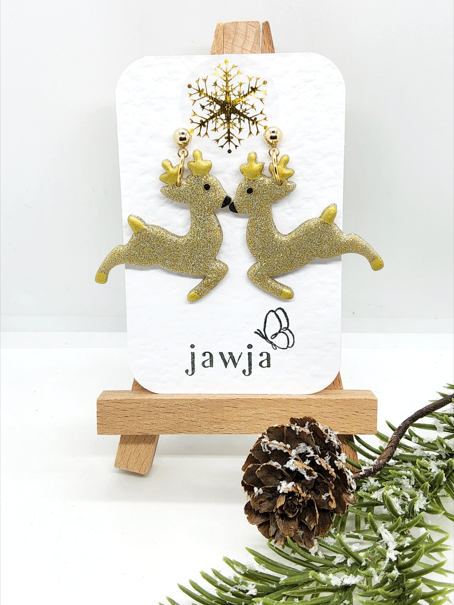 GOLD GLITTER REINDEER POLYMER CLAY EARRINGS