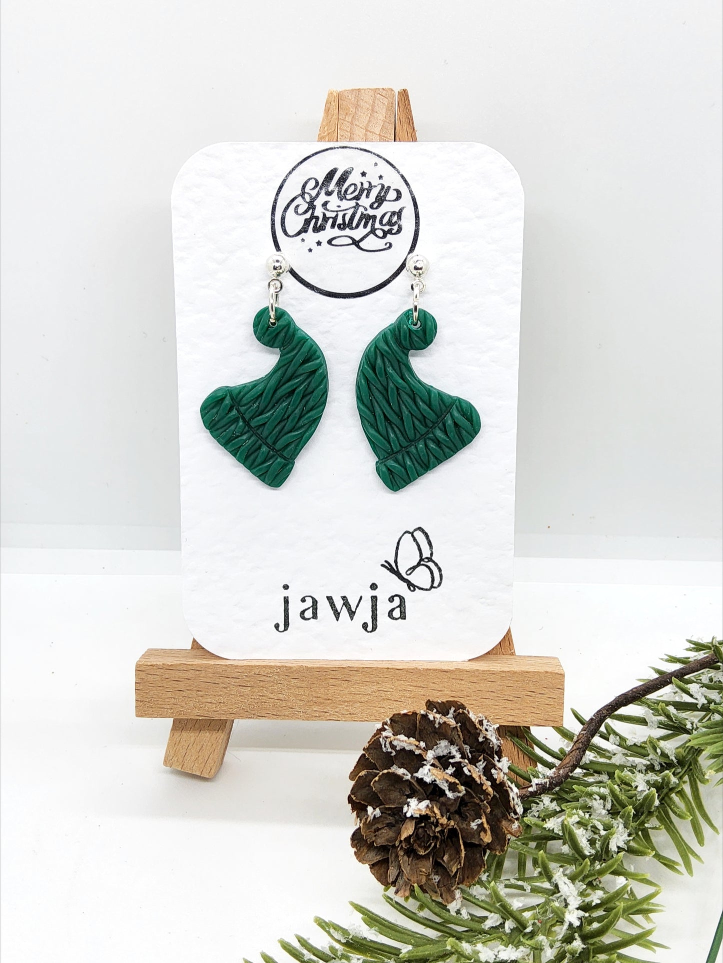 GREEN KNITTED HAT POLYMER CLAY CHRISTMAS EARRINGS