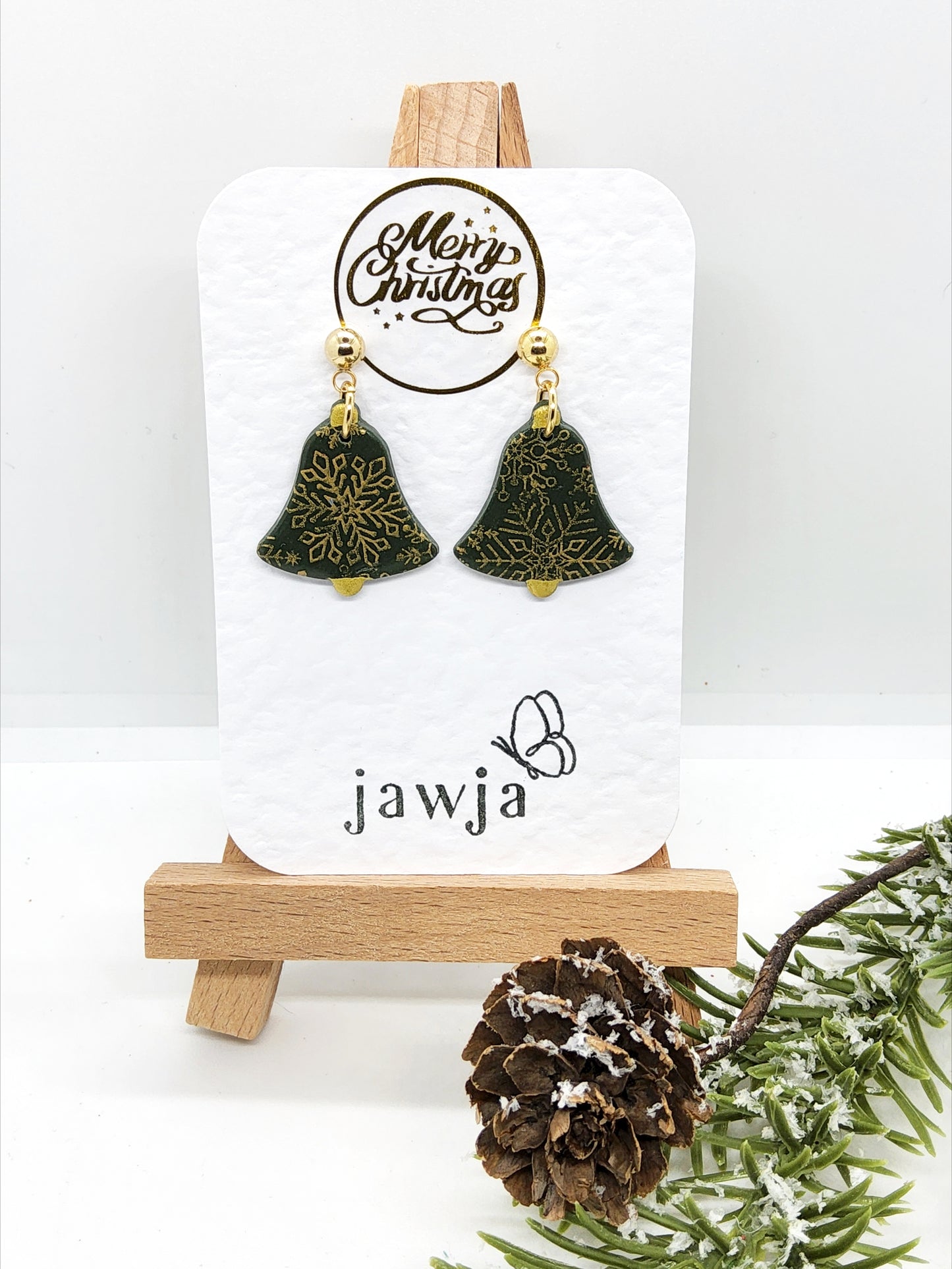 DARK GREEN AND GOLD BELL CHRISTMAS EARRINGS