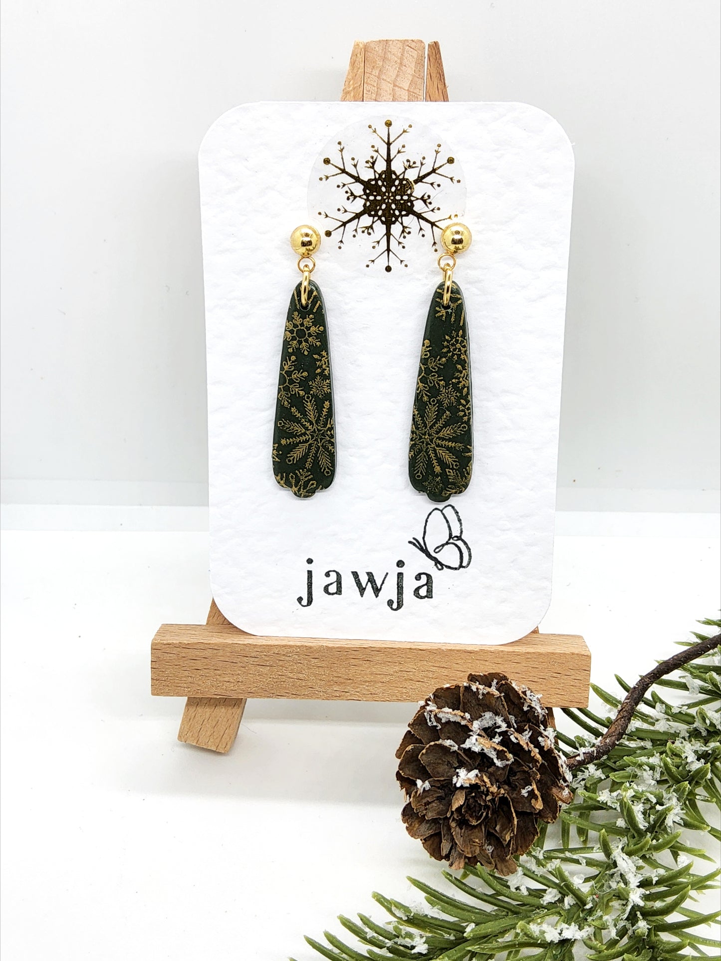 DARK GREEN AND GOLD LONG TEARDROP CHRISTMAS EARRINGS