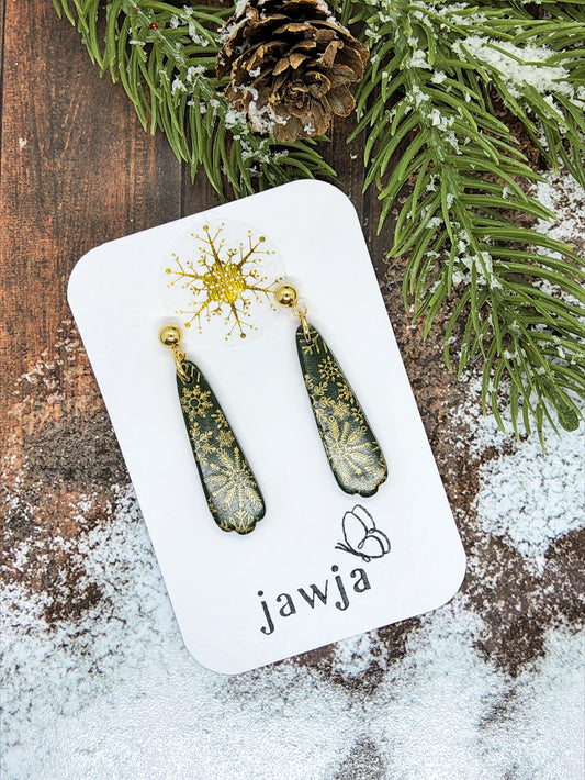 DARK GREEN AND GOLD LONG TEARDROP CHRISTMAS EARRINGS