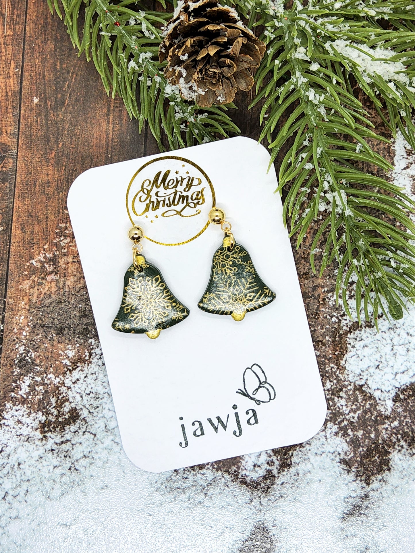 DARK GREEN AND GOLD BELL CHRISTMAS EARRINGS