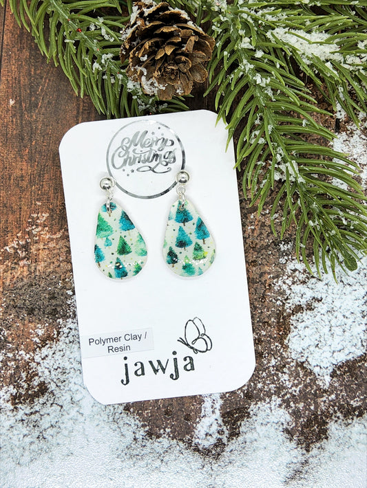 CHRISTMAS TREE TEARDROP POLYMER CLAY EARRINGS