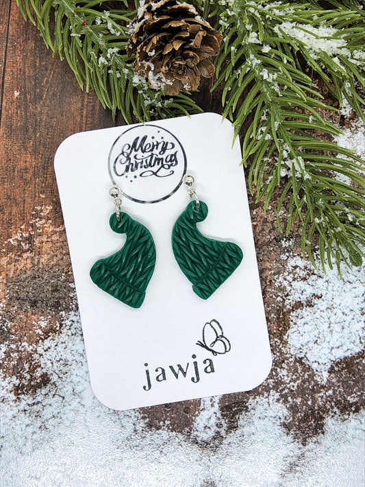 GREEN KNITTED HAT POLYMER CLAY CHRISTMAS EARRINGS