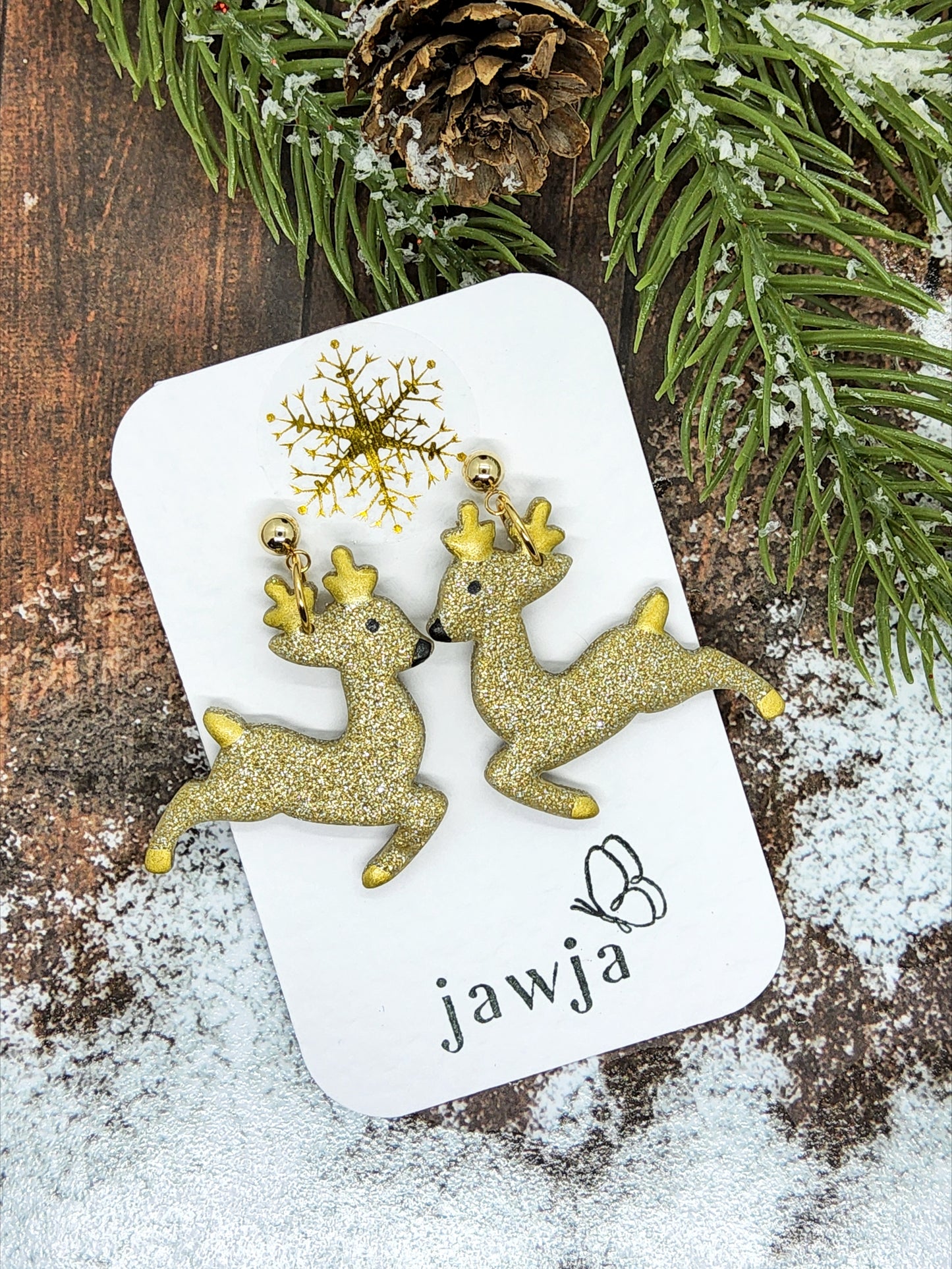 GOLD GLITTER REINDEER POLYMER CLAY EARRINGS