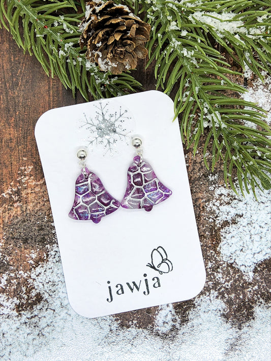 LILAC AND SILVER CHRISTMAS BELL POLYMER CLAY EARRINGS