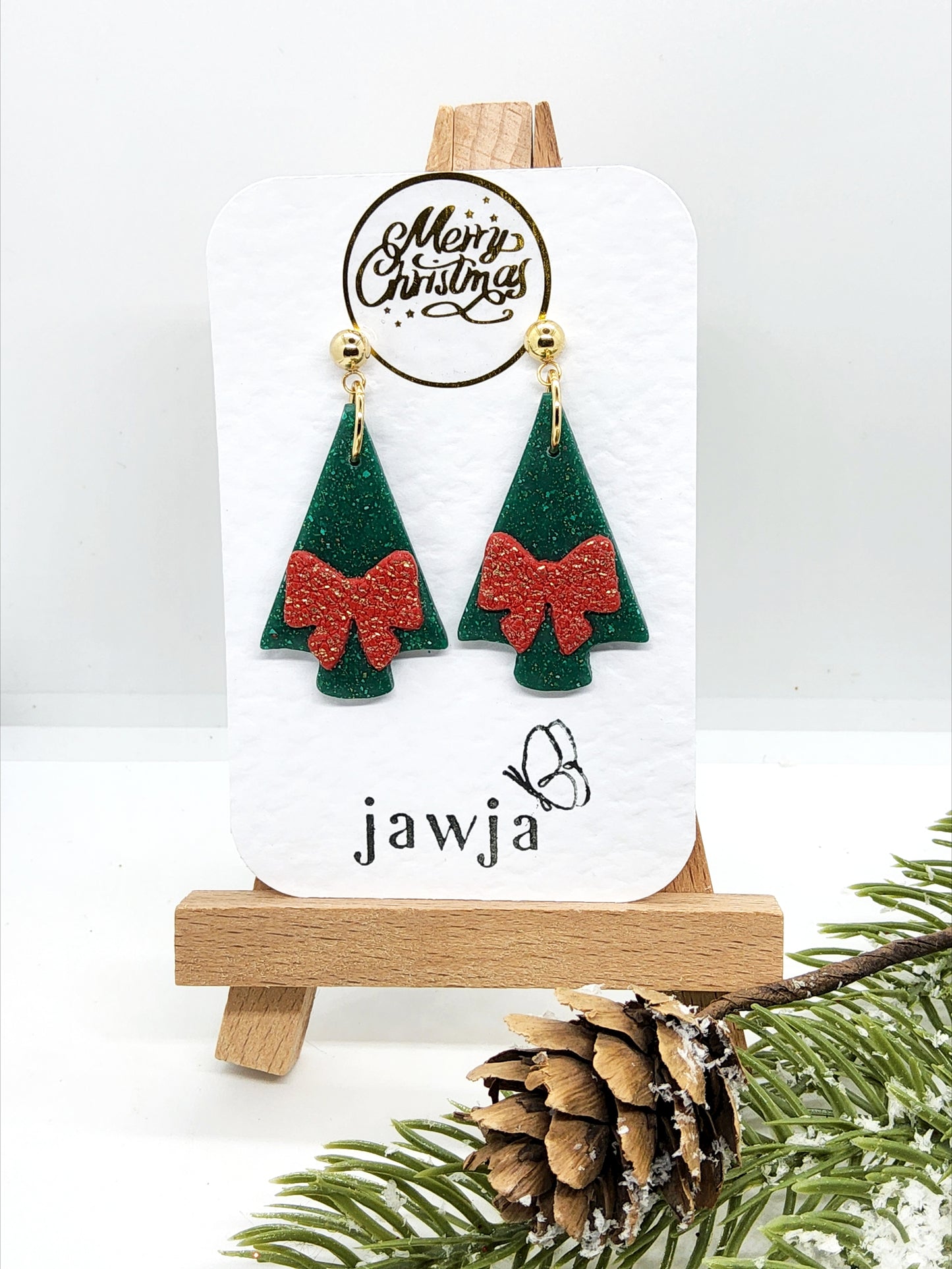 CHRISTMAS TREE WITH BOW POLYMER CLAY EARRINGS