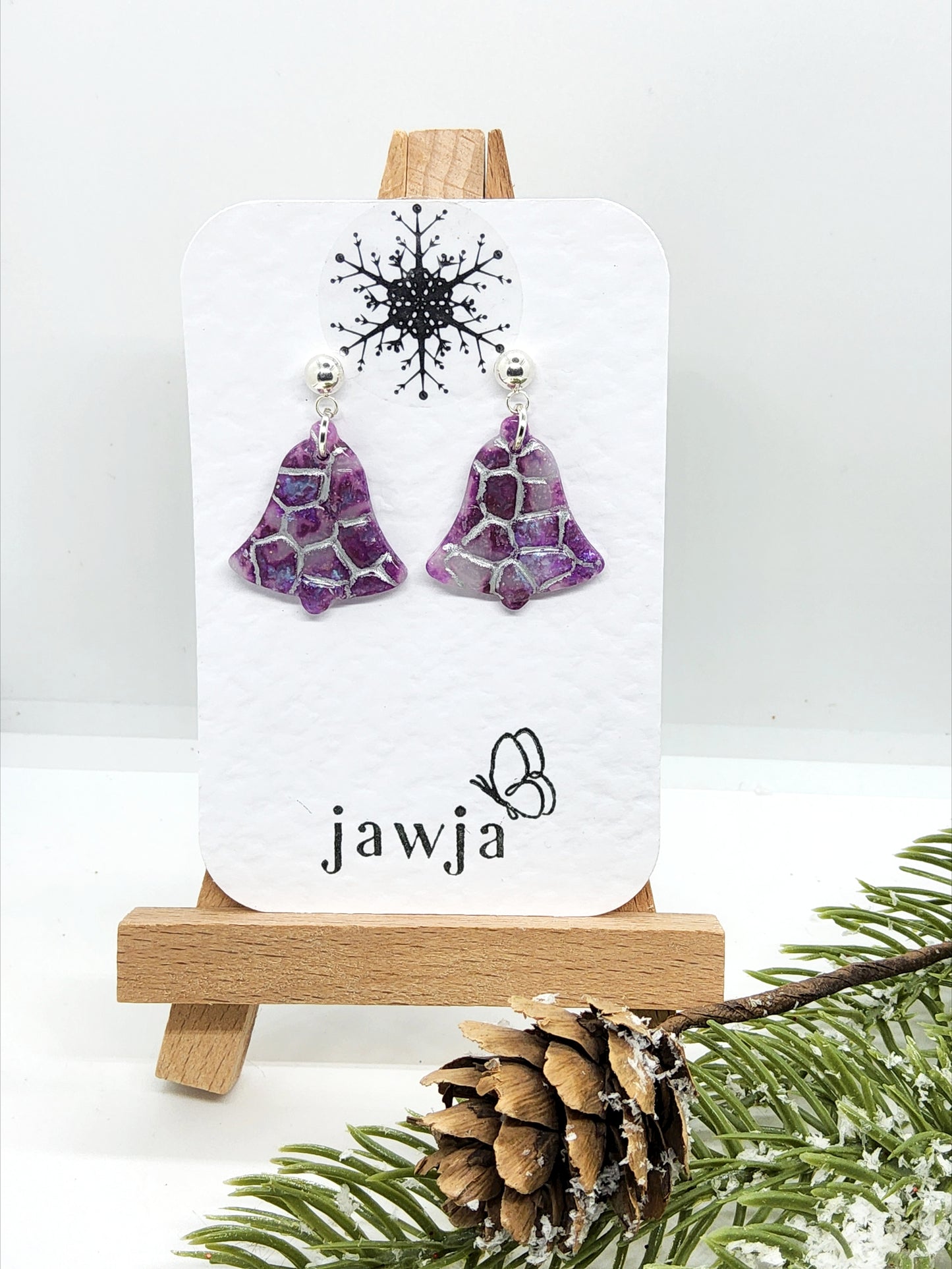 LILAC AND SILVER CHRISTMAS BELL POLYMER CLAY EARRINGS