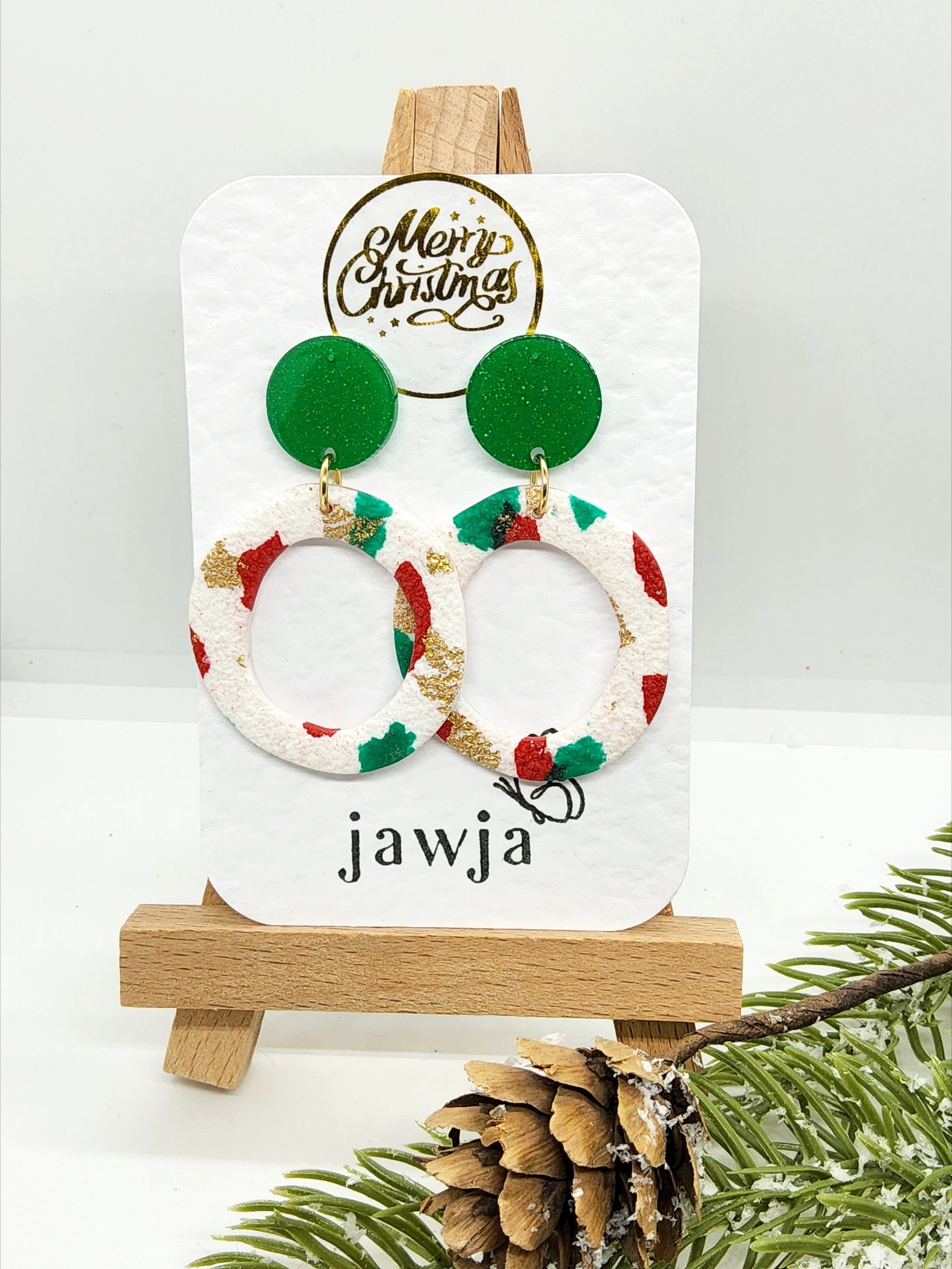 GREEN, RED, GOLD AND WHITE POLYMER CLAY CHRISTMAS EARRINGS