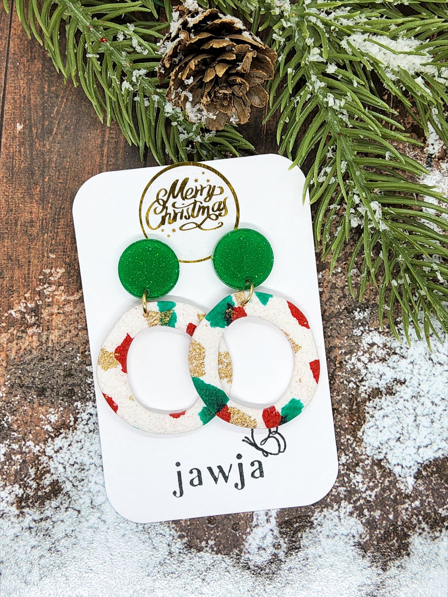 GREEN, RED, GOLD AND WHITE POLYMER CLAY CHRISTMAS EARRINGS