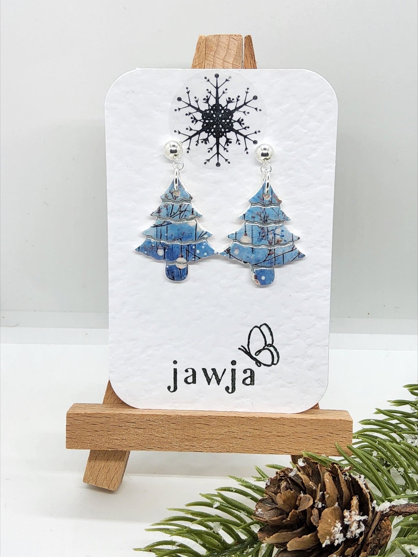 PALE BLUE AND SILVER CHRISTMAS TREE POLYMER CLAY EARRINGS