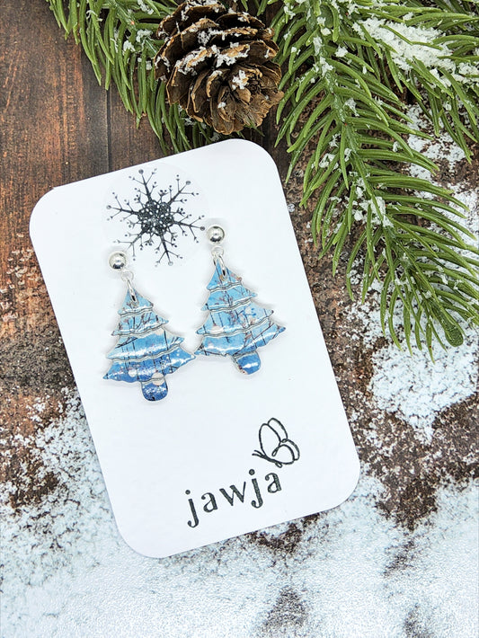 PALE BLUE AND SILVER CHRISTMAS TREE POLYMER CLAY EARRINGS