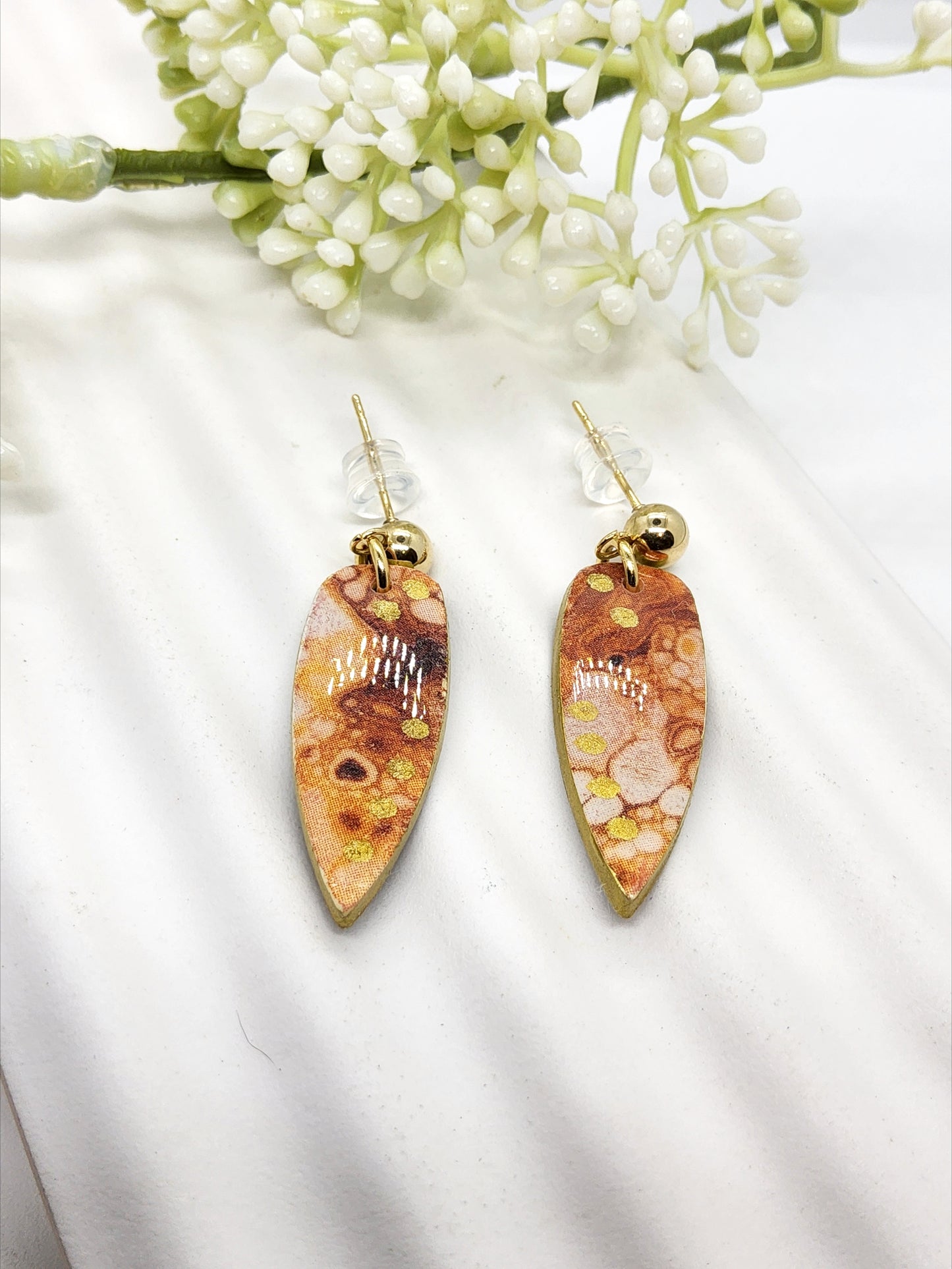 BROWN MARBLED TEARDROP POLYMER CLAY EARRINGS