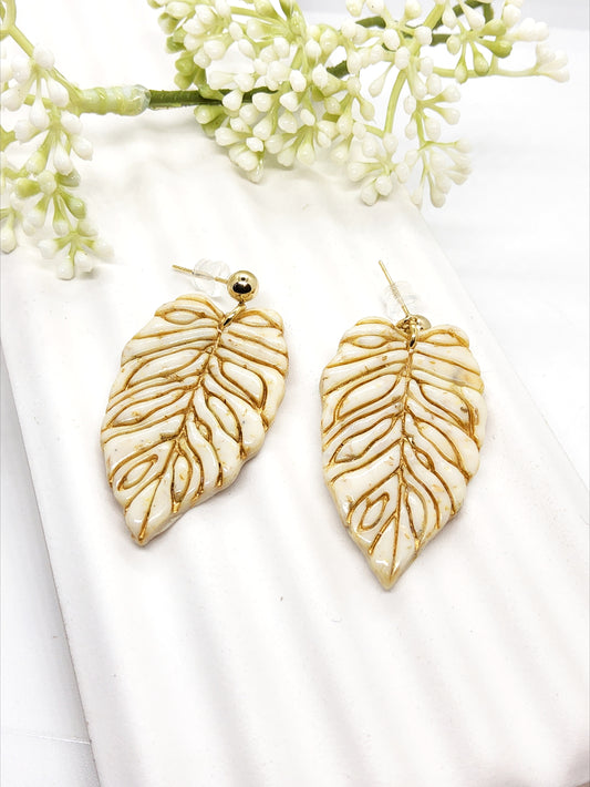 CREAMY BEIGE AND GOLD ACCENT LEAF POLYMER CLAY EARRINGS