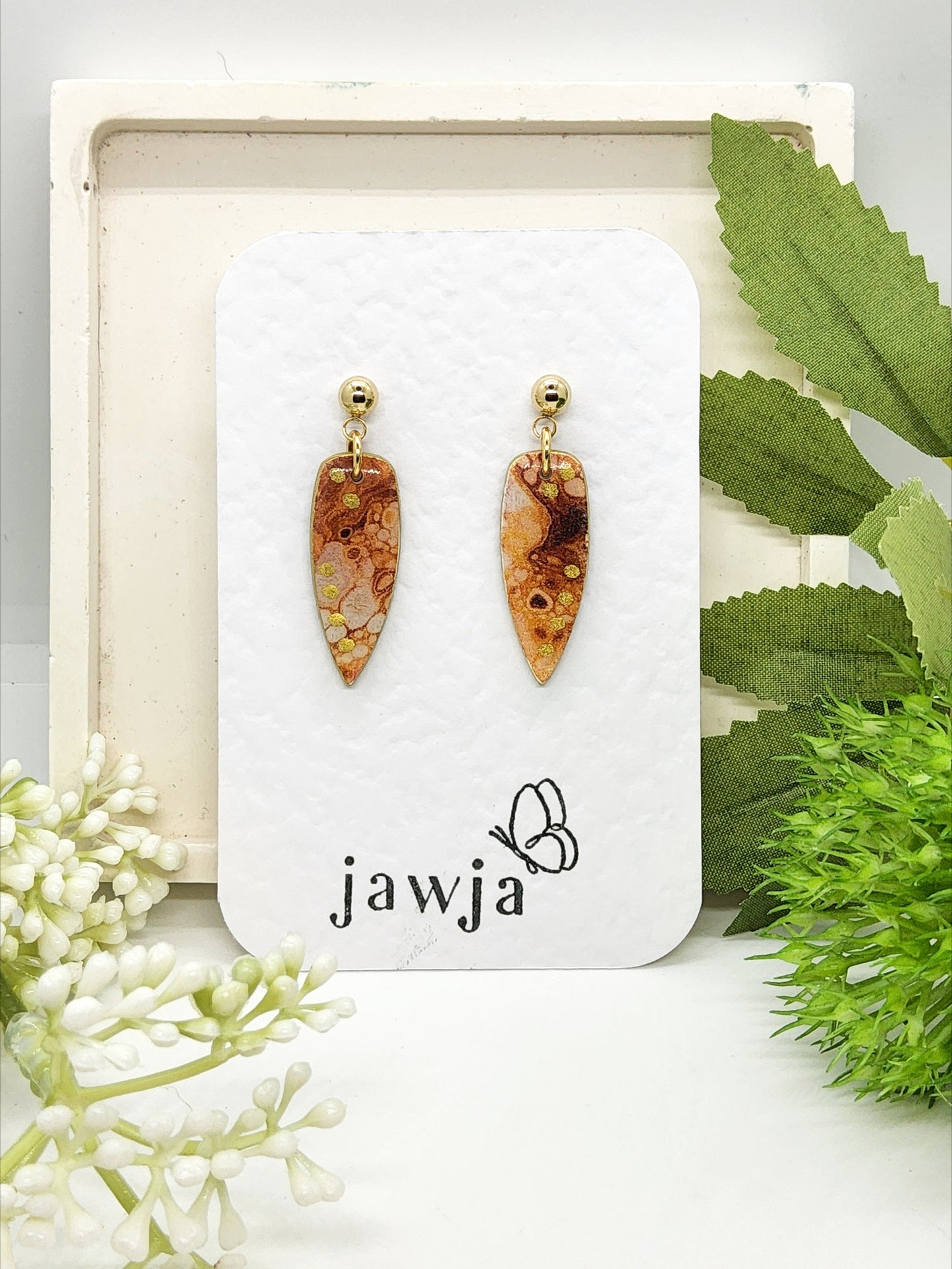 BROWN MARBLED TEARDROP POLYMER CLAY EARRINGS