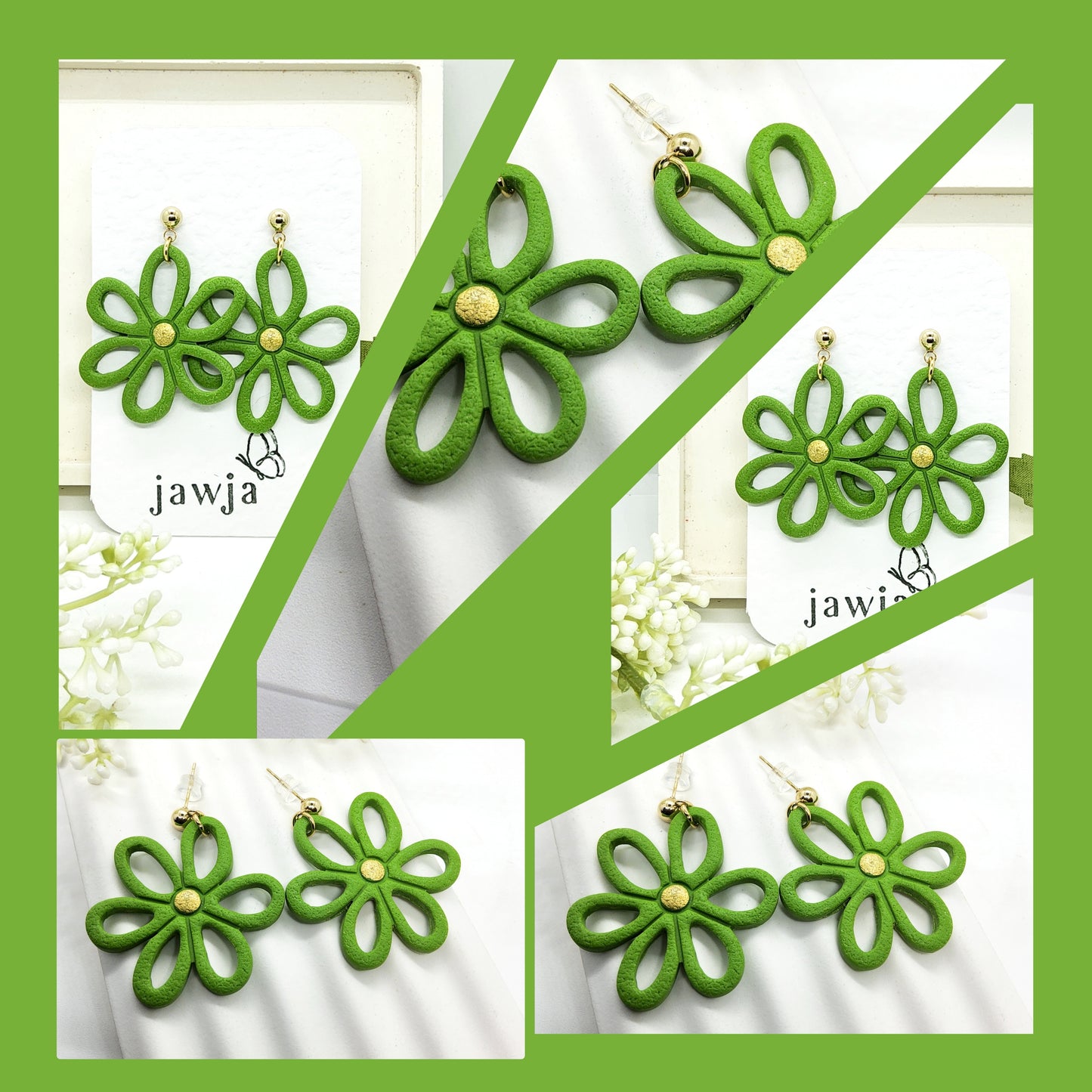 BRIGHT GREEN OPEN DAISY POLYMER CLAY EARRINGS