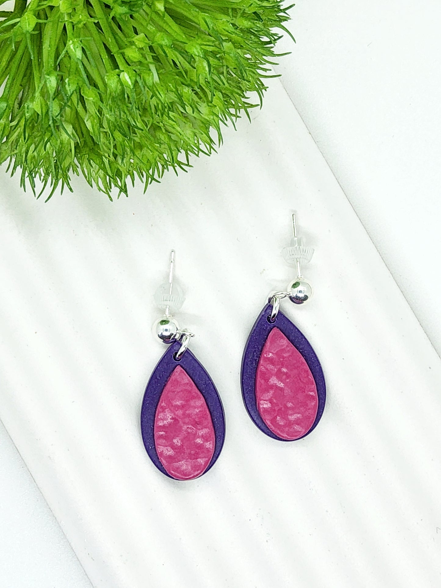 TEARDROPS IN PURPLE AND PINK POLYMER CLAY EARRINGS