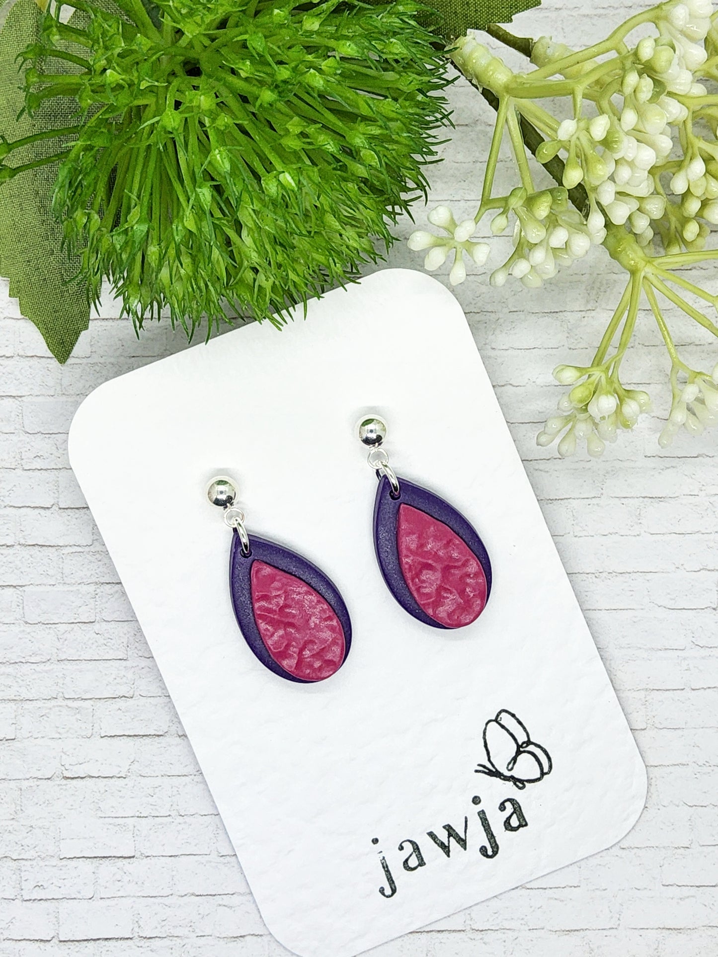 TEARDROPS IN PURPLE AND PINK POLYMER CLAY EARRINGS