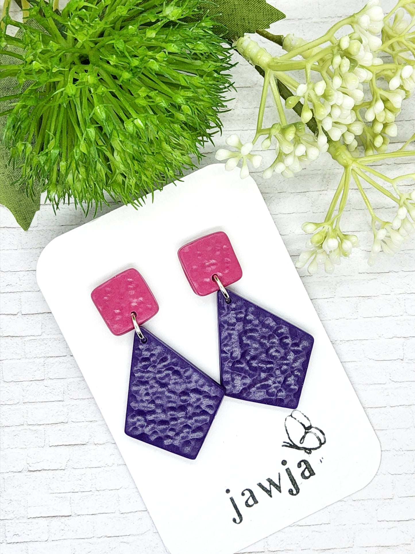 GEOMETRIC SHAPE PURPLE AND PINK POLYMER CLAY EARRINGS