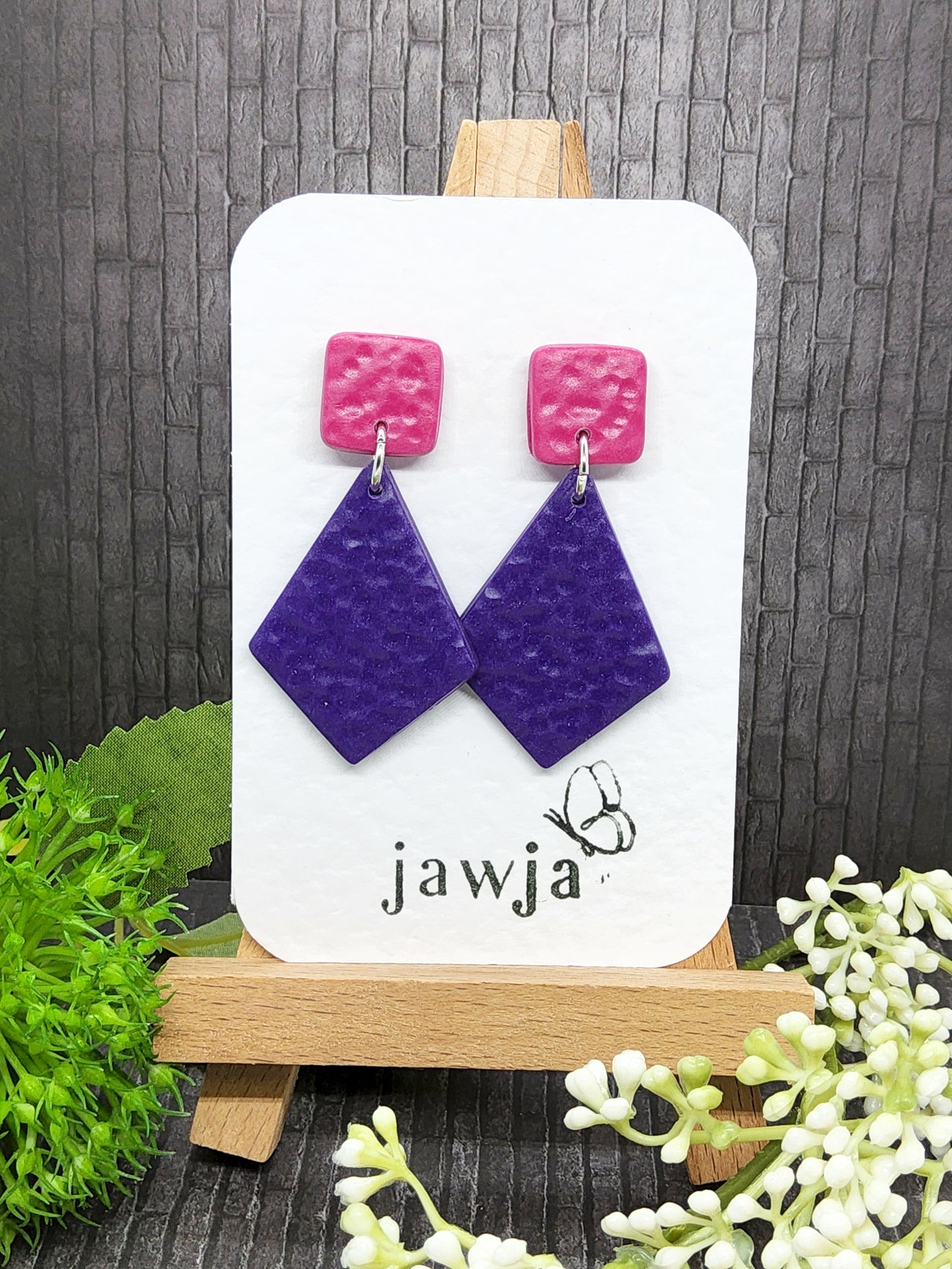 GEOMETRIC SHAPE PURPLE AND PINK POLYMER CLAY EARRINGS