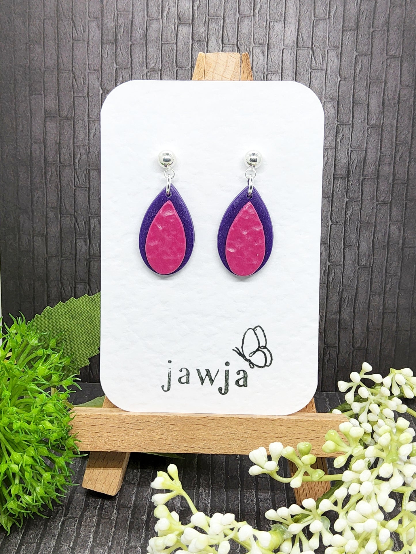 TEARDROPS IN PURPLE AND PINK POLYMER CLAY EARRINGS