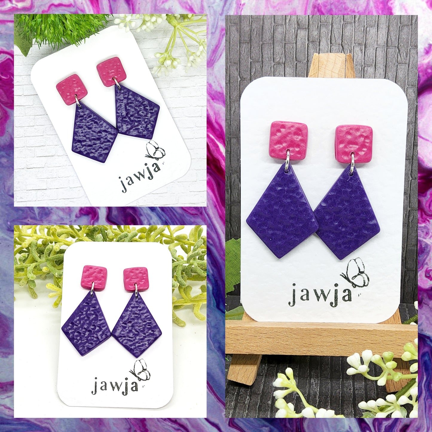 GEOMETRIC SHAPE PURPLE AND PINK POLYMER CLAY EARRINGS