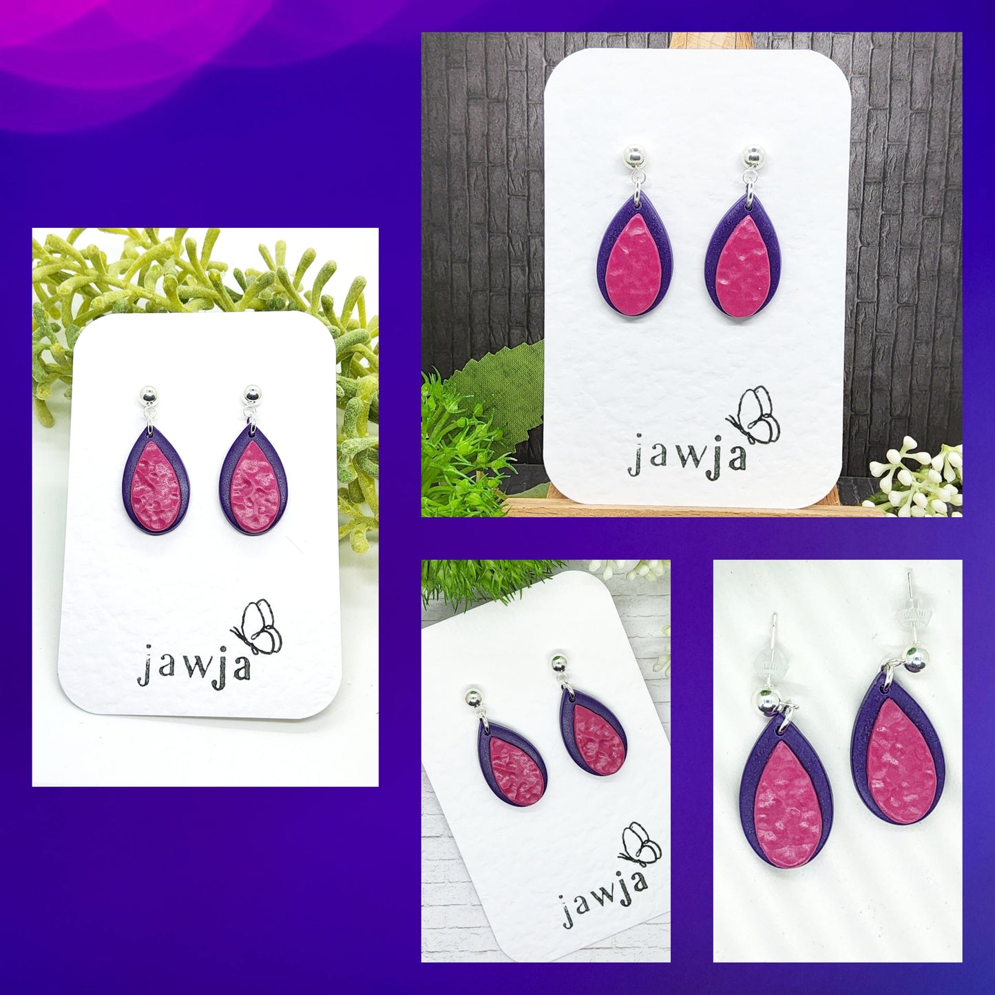 TEARDROPS IN PURPLE AND PINK POLYMER CLAY EARRINGS