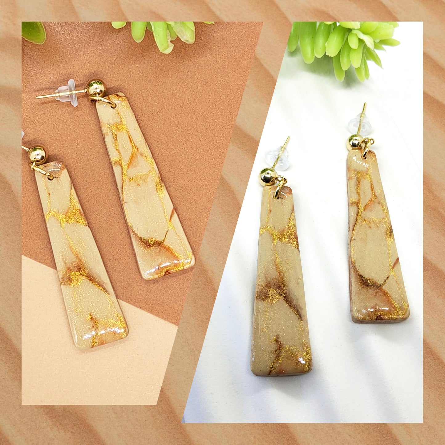 MARBLED LIGHT CAMEL, BROWN AND GOLD POLYMER CLAY EARRINGS