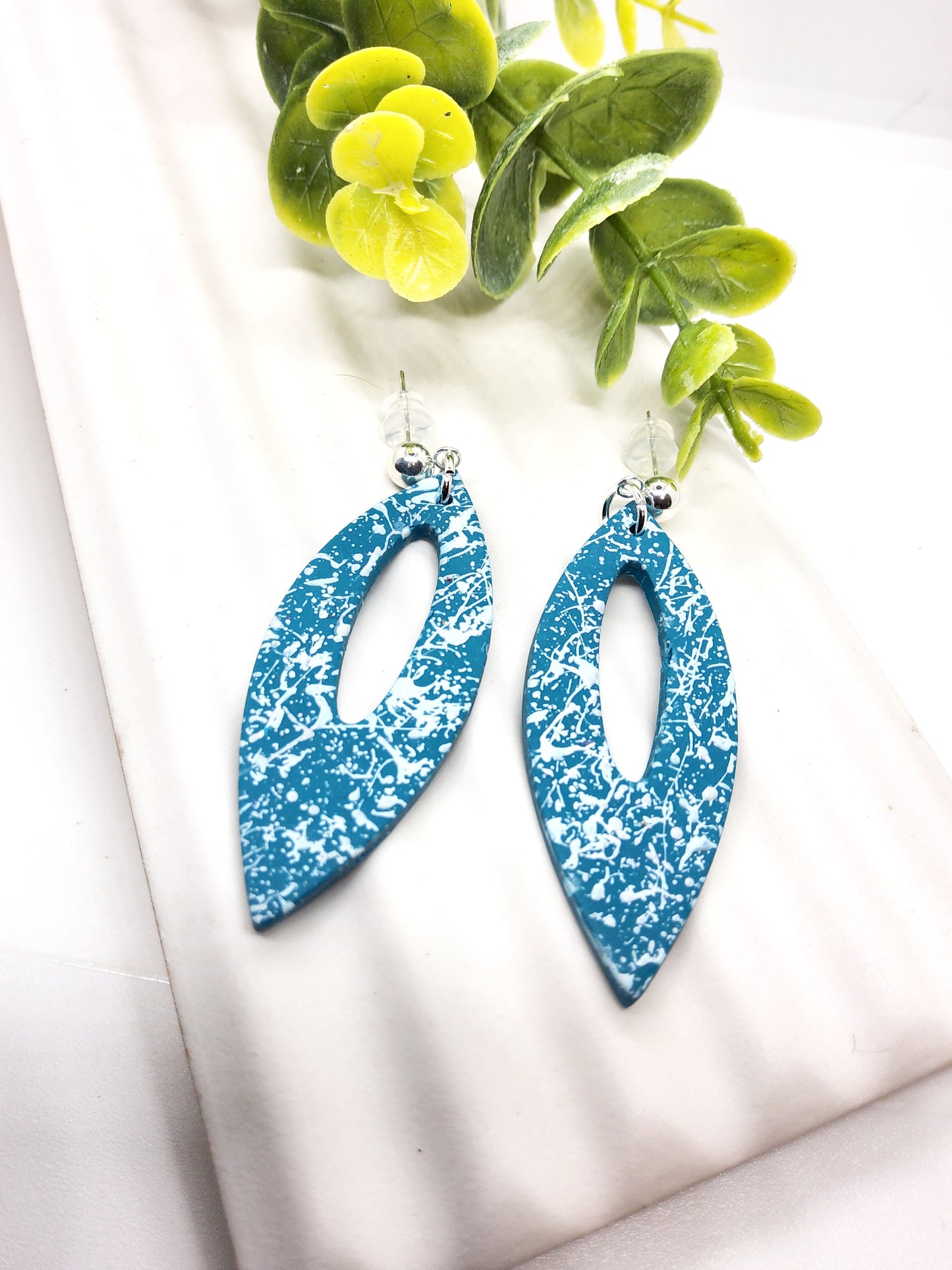 TEAL AND MINT GREEN PAINT SPLATTERED POLYMER CLAY EARRINGS