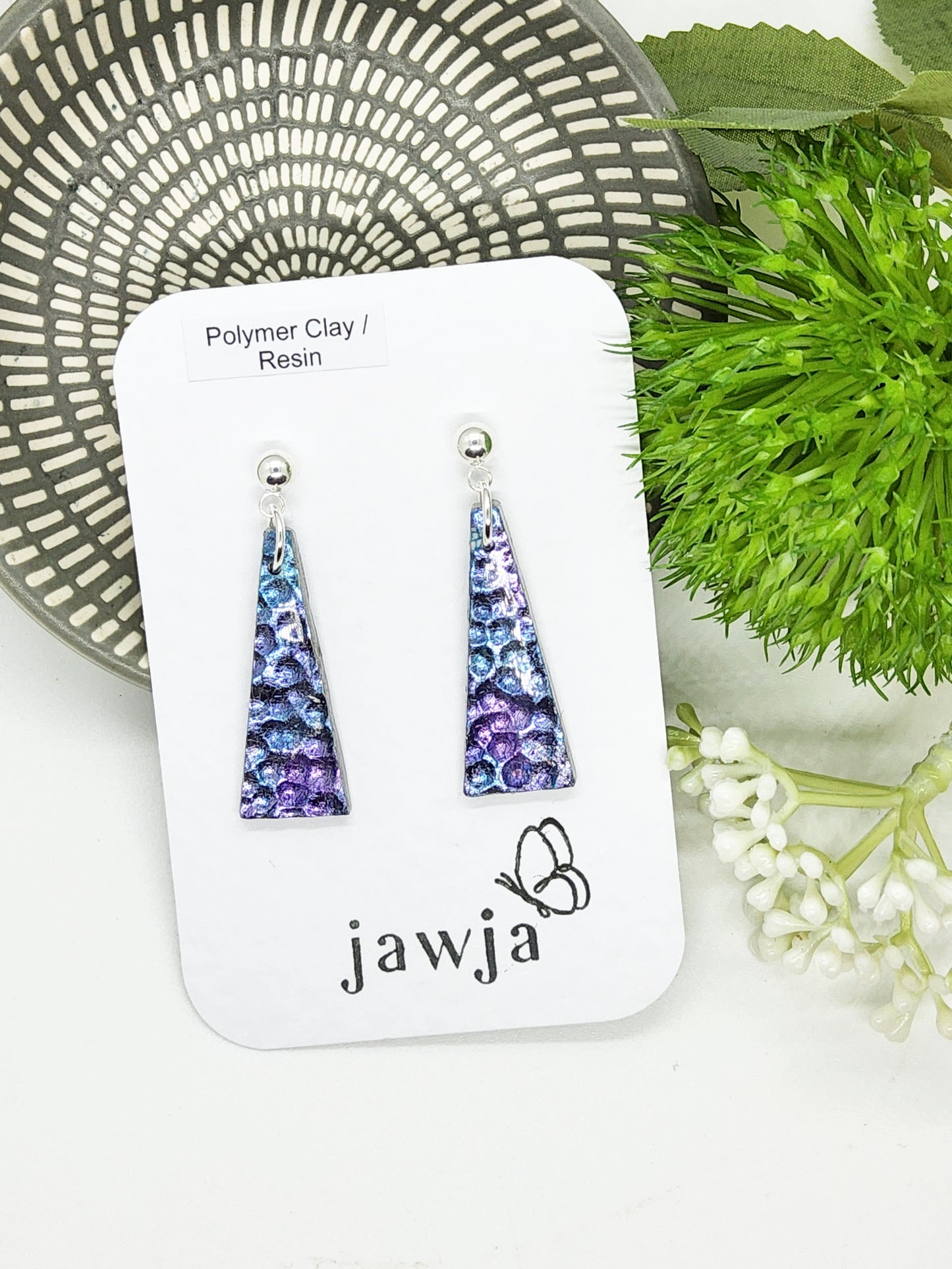 METALLIC LILAC AND BLUE HAMMETED POLYMER CLAY EARRINGS