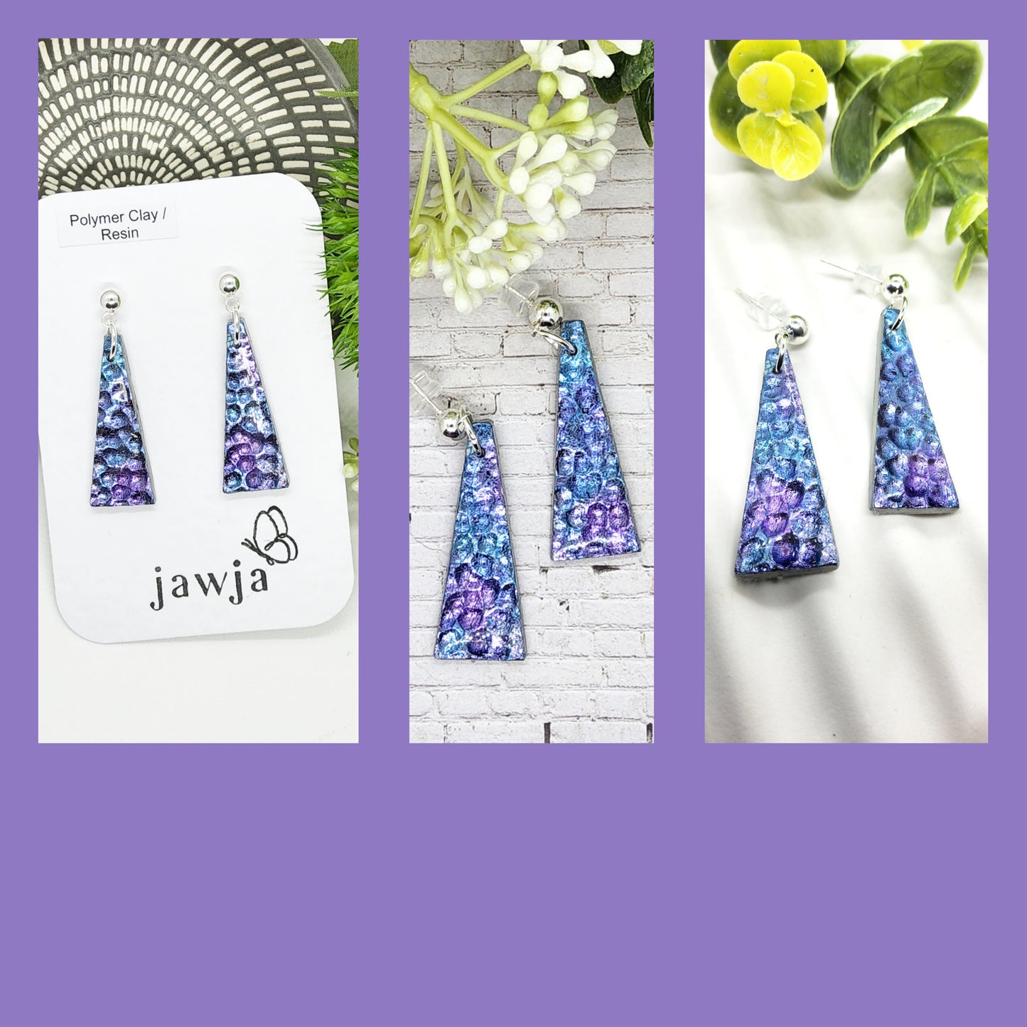 METALLIC LILAC AND BLUE HAMMETED POLYMER CLAY EARRINGS